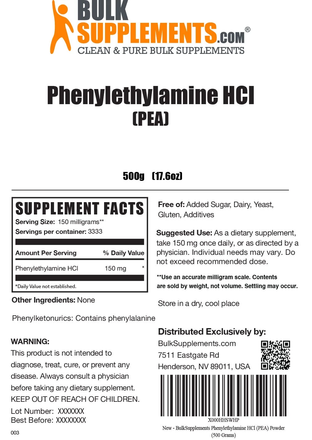 BulkSupplements.com Phenylethylamine HCl (PEA) Powder, 150mg - Mood Support Supplement (500g - 1.1 lbs)