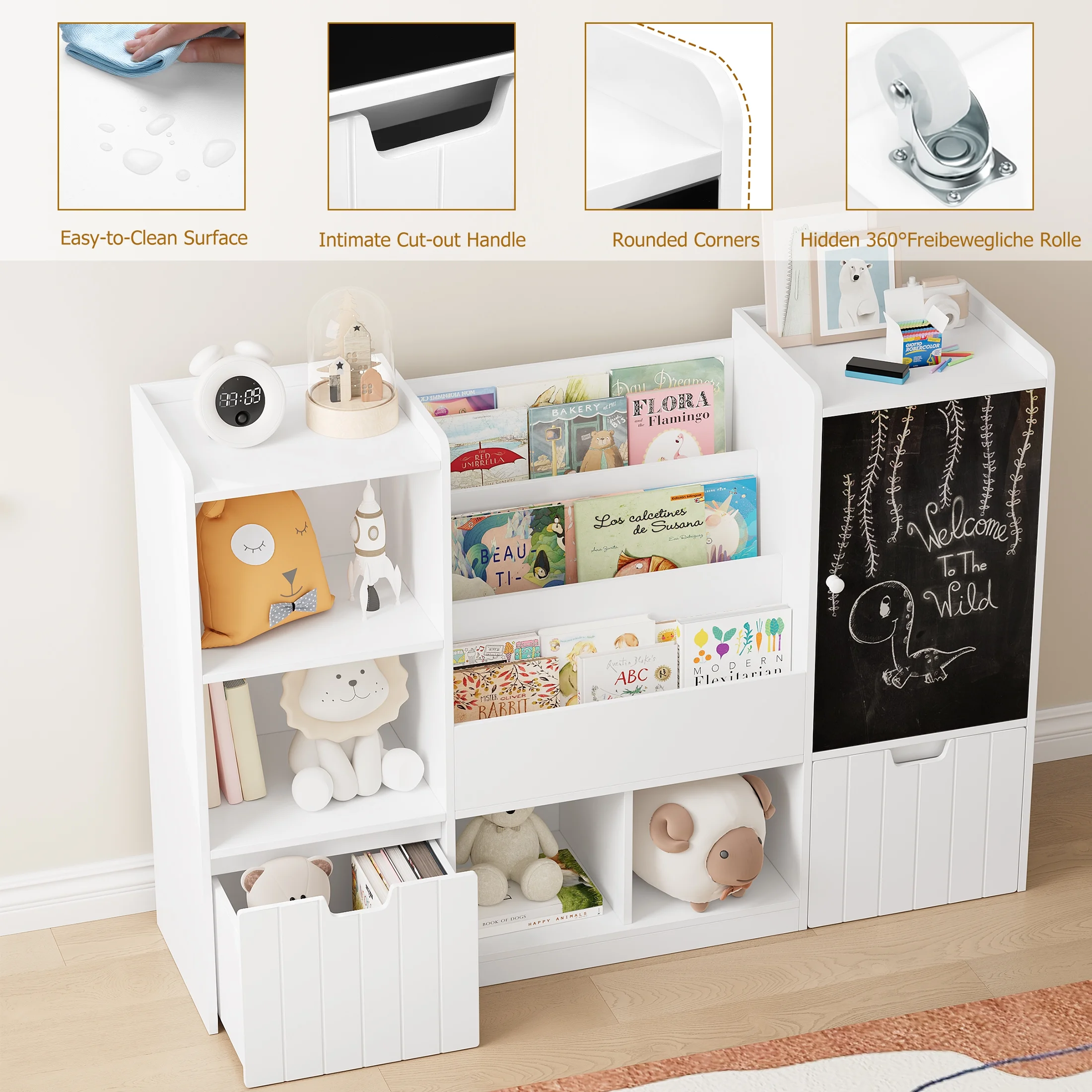 Homfa Kids Bookshelf with Blackboard, Nursery Bookcase with 4 Cubby, 3 Tier Book Rack with 2 Wood Toy Bin for Kids Room, White