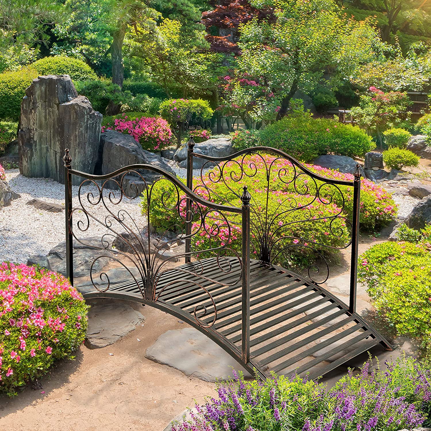 Outsunny 4’ Metal Arch Backyard Garden Bridge with Safety Siderails, Delicate Scrollwork, & Easy Assembly, Black Bronze