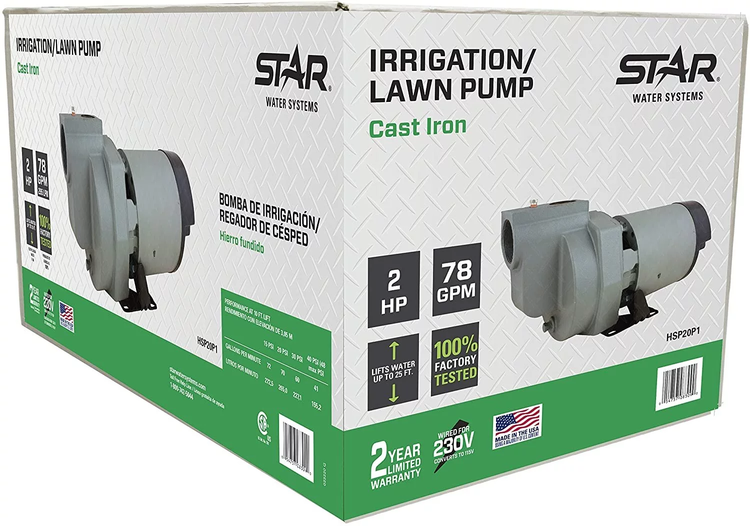 Star HSP20P1 2 HP Self Priming Lawn Sprinkler Irrigation Pump, Rugged Cast Iron, 78 GPM, Made in the USA using a Majority of US Content
