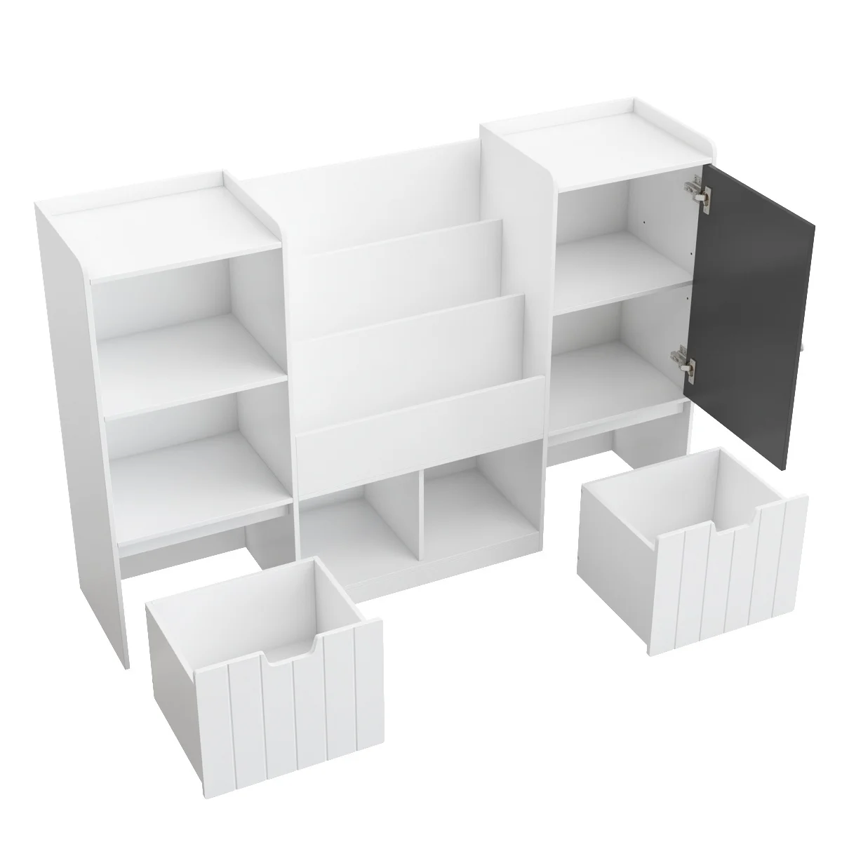 Homfa Kids Bookshelf with Blackboard, Nursery Bookcase with 4 Cubby, 3 Tier Book Rack with 2 Wood Toy Bin for Kids Room, White