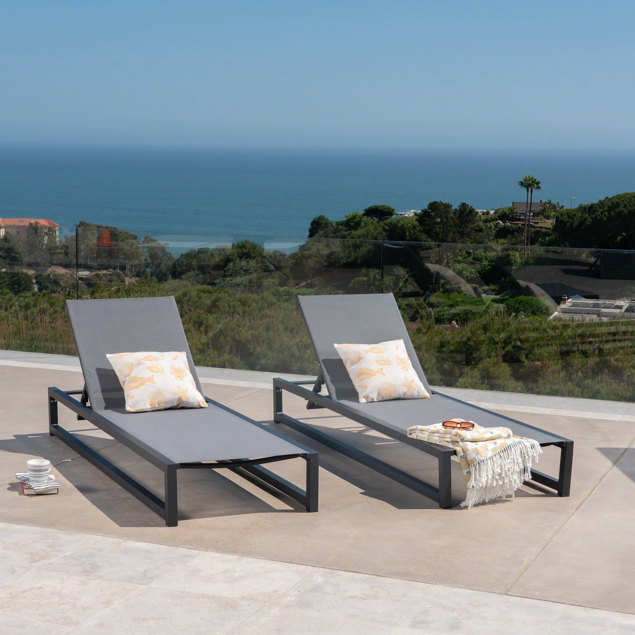 GDF Studio Mottetta Outdoor Mesh and Aluminum Armless Adjustable Chaise Lounges, Set of 2, Black and Dark Gray