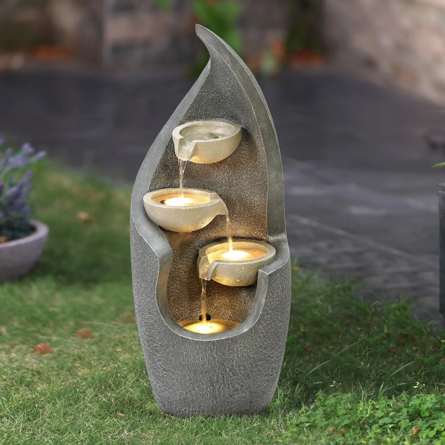 HomeStock Classic Comfort Gray Curves Cascading Bowls Resin Outdoor Fountain With Led Lights