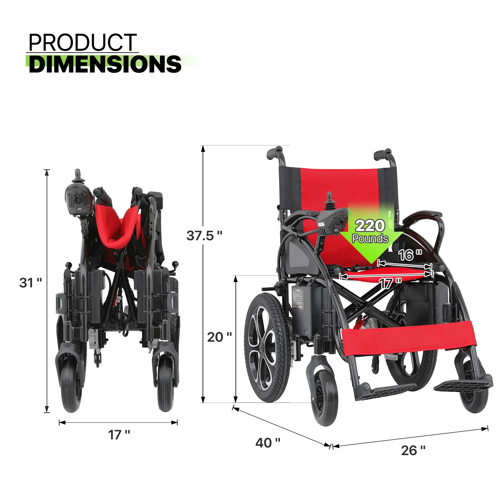 Magshion Electric Wheelchair for Adults Intelligent Power Wheelchairs Foldable w/Manual Brake, 12 Miles Long Travel Range, Red