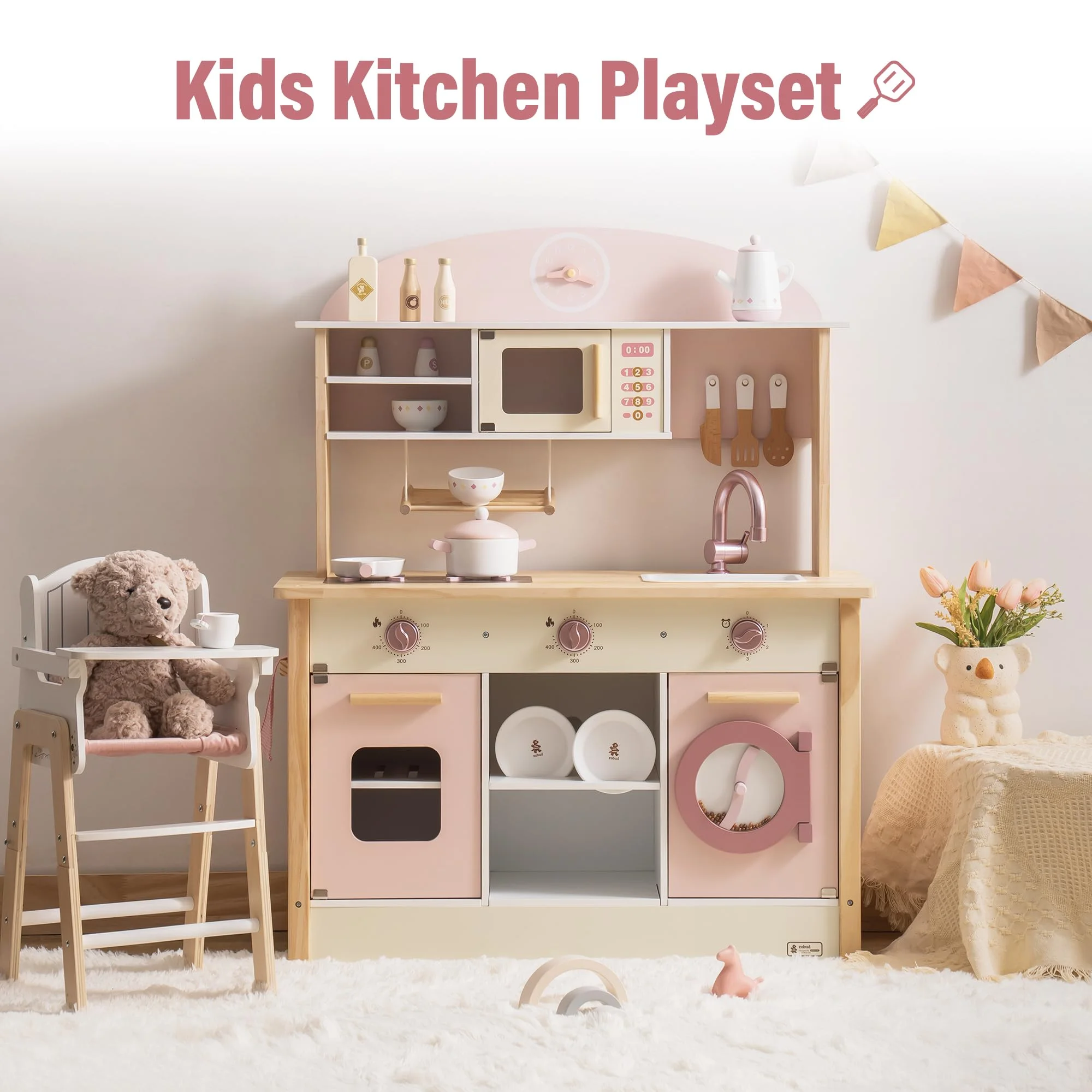 Robud Kids Wooden Kitchen Play Set Pretend Playset Toy with Play Cooker for Girls Boys Age 3+,Pink