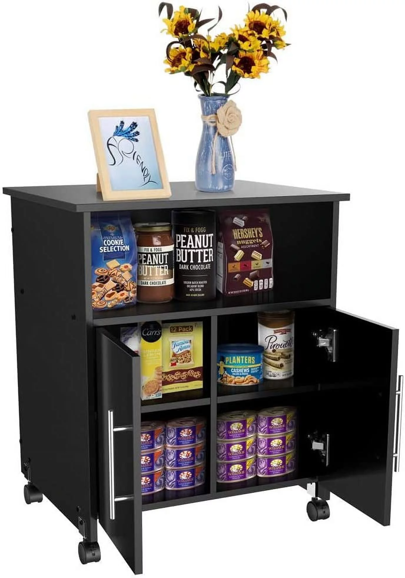 Mobile Printer Stand with Storage and Adjustable Shelf for Home Office, Rolling Wood Storage Cabinet on Wheels, Black