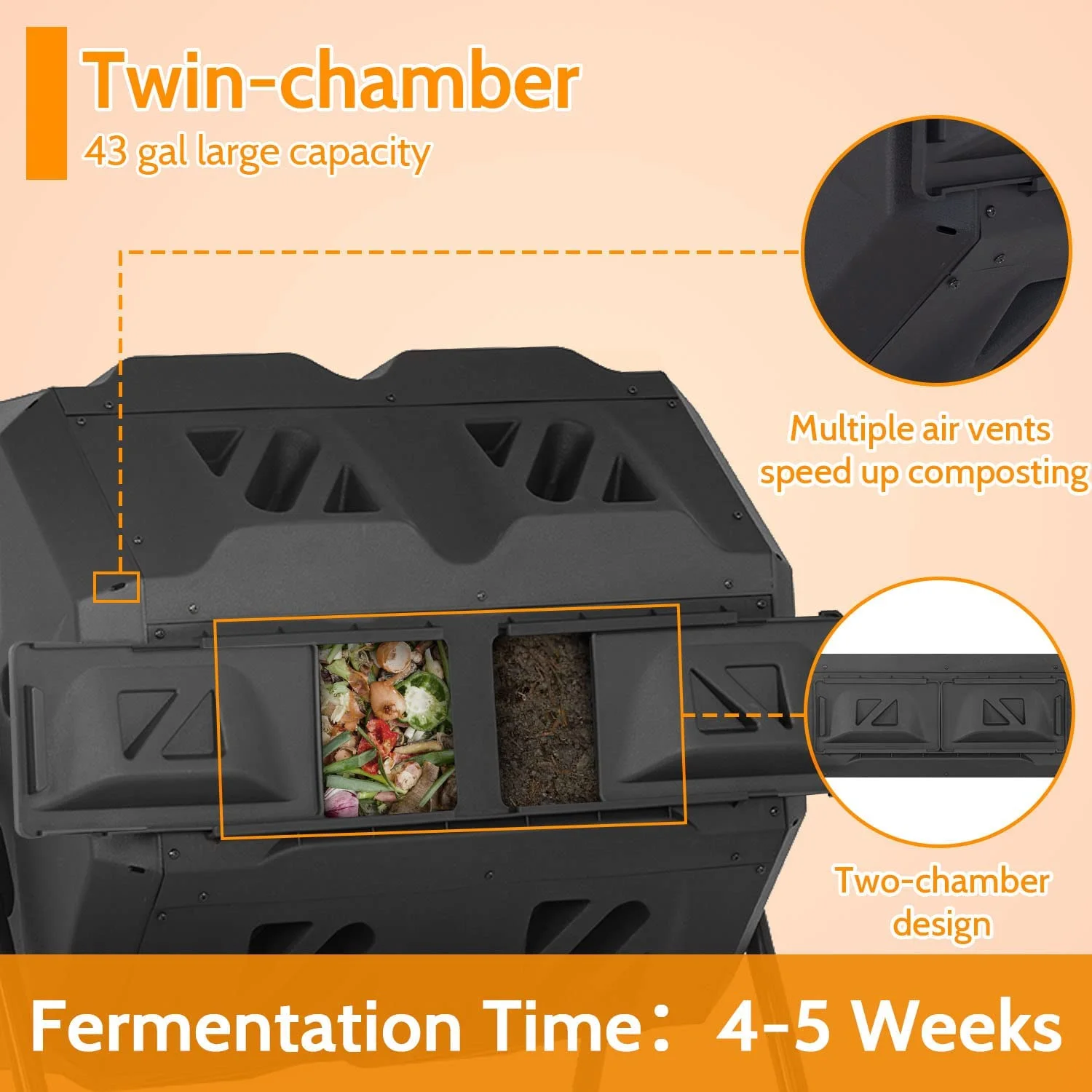 NiamVelo 43 Gallon Durable Tumbling Compost Bin Outdoor Compost Tumbler Bucket with Dual Rotating Chamber, Black Door