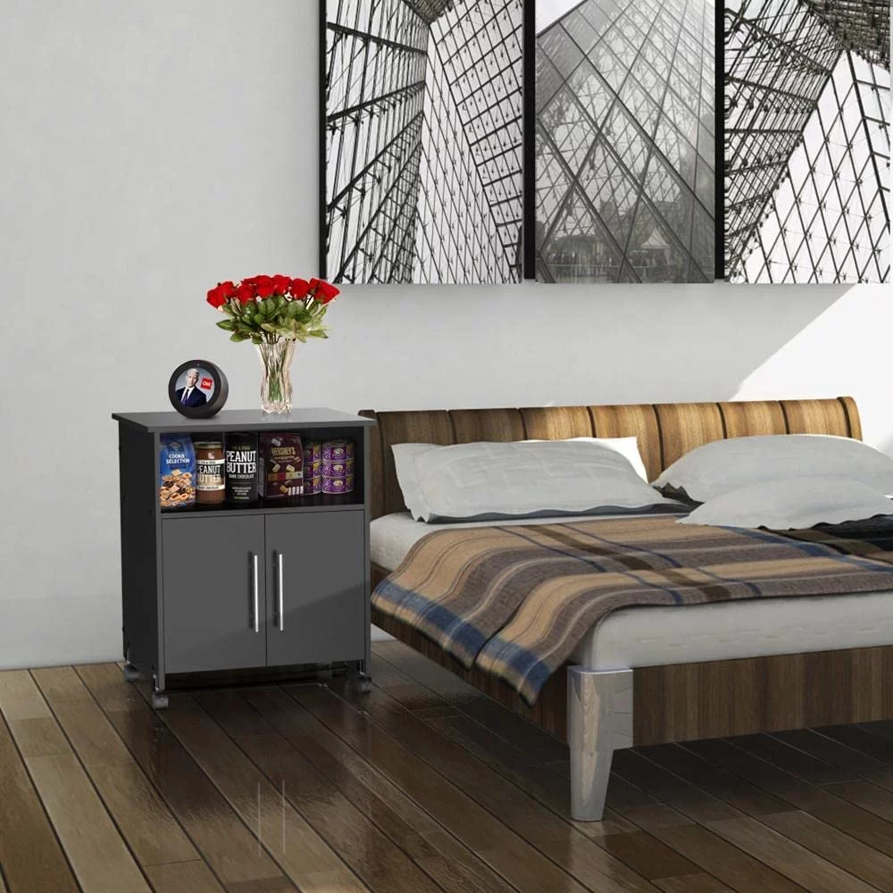 Mobile Printer Stand with Storage and Adjustable Shelf for Home Office, Rolling Wood Storage Cabinet on Wheels, Black