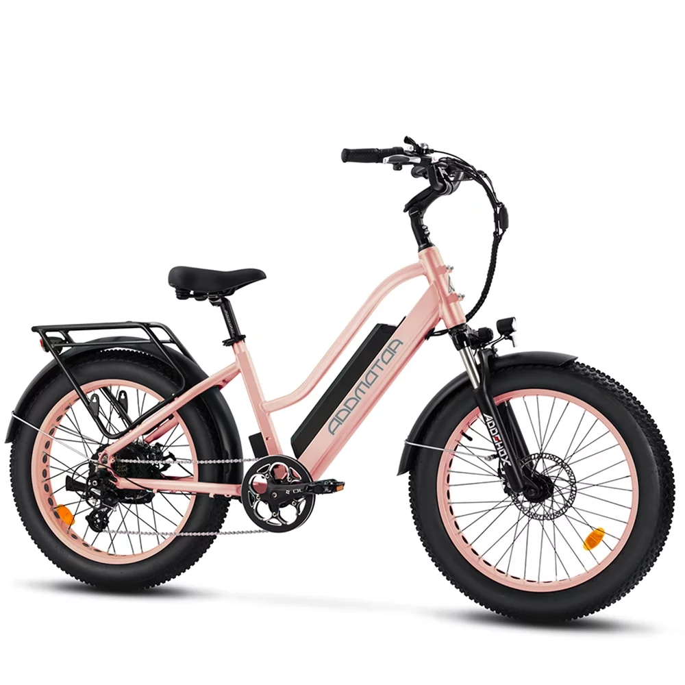 Addmotor 24 In. Electric Bicycle, 750W Step-Thru Fat Tire Electric Bike, Pedal Assist Cruiser City Ebike for Adults, Shimano 7 Speed, 28MPH, M-430 Rose Gold