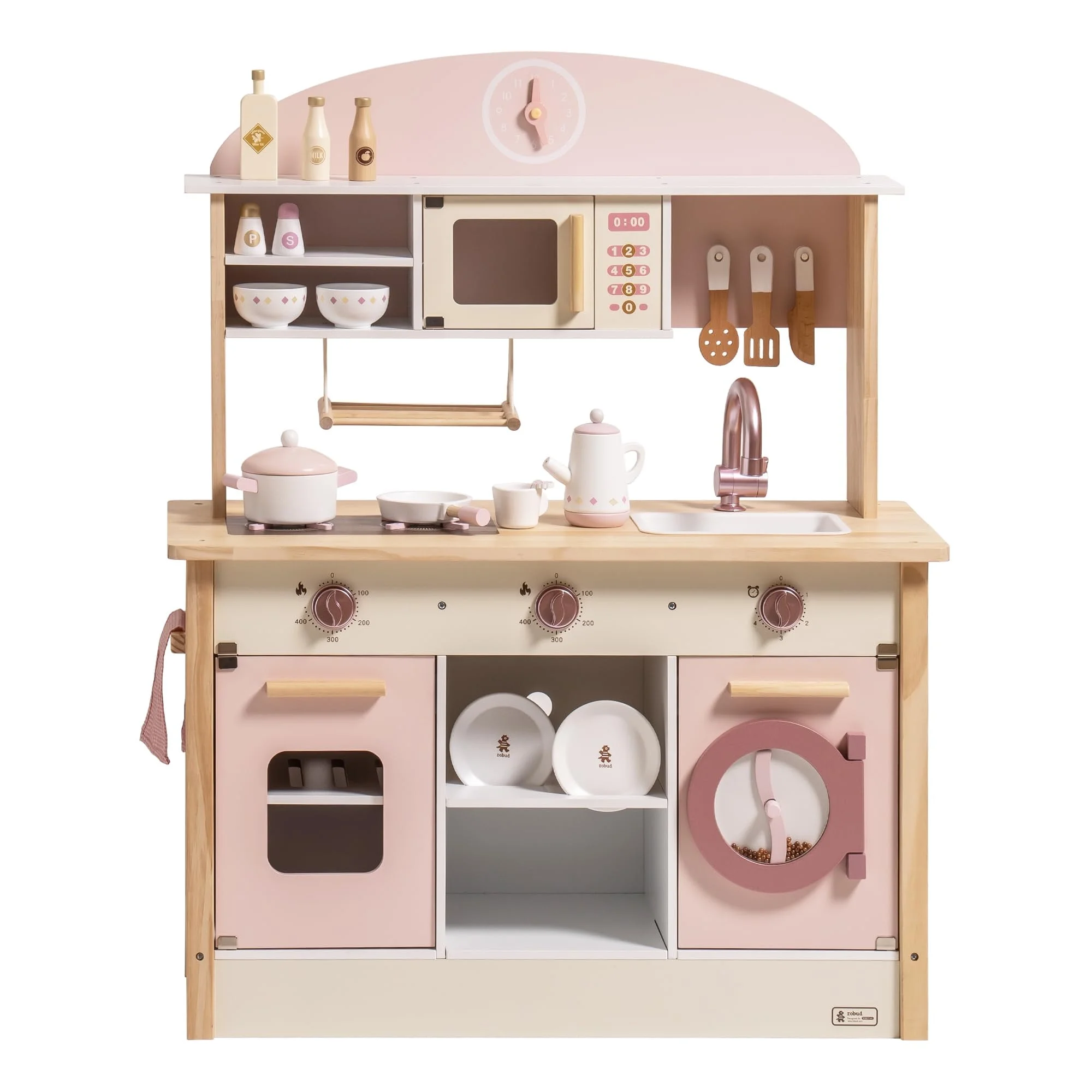 Robud Kids Wooden Kitchen Play Set Pretend Playset Toy with Play Cooker for Girls Boys Age 3+,Pink