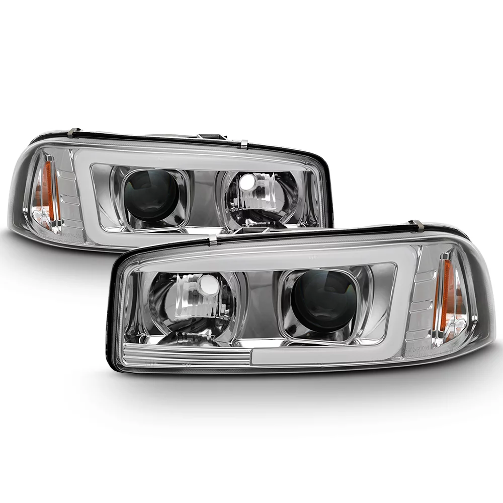 AKKON - For 99-06 GMC Sierra 1500 2500HD 3500 C3 Yukon XL Chrome LED Tube Projector Headlights + LED Bumper Lamp Pair