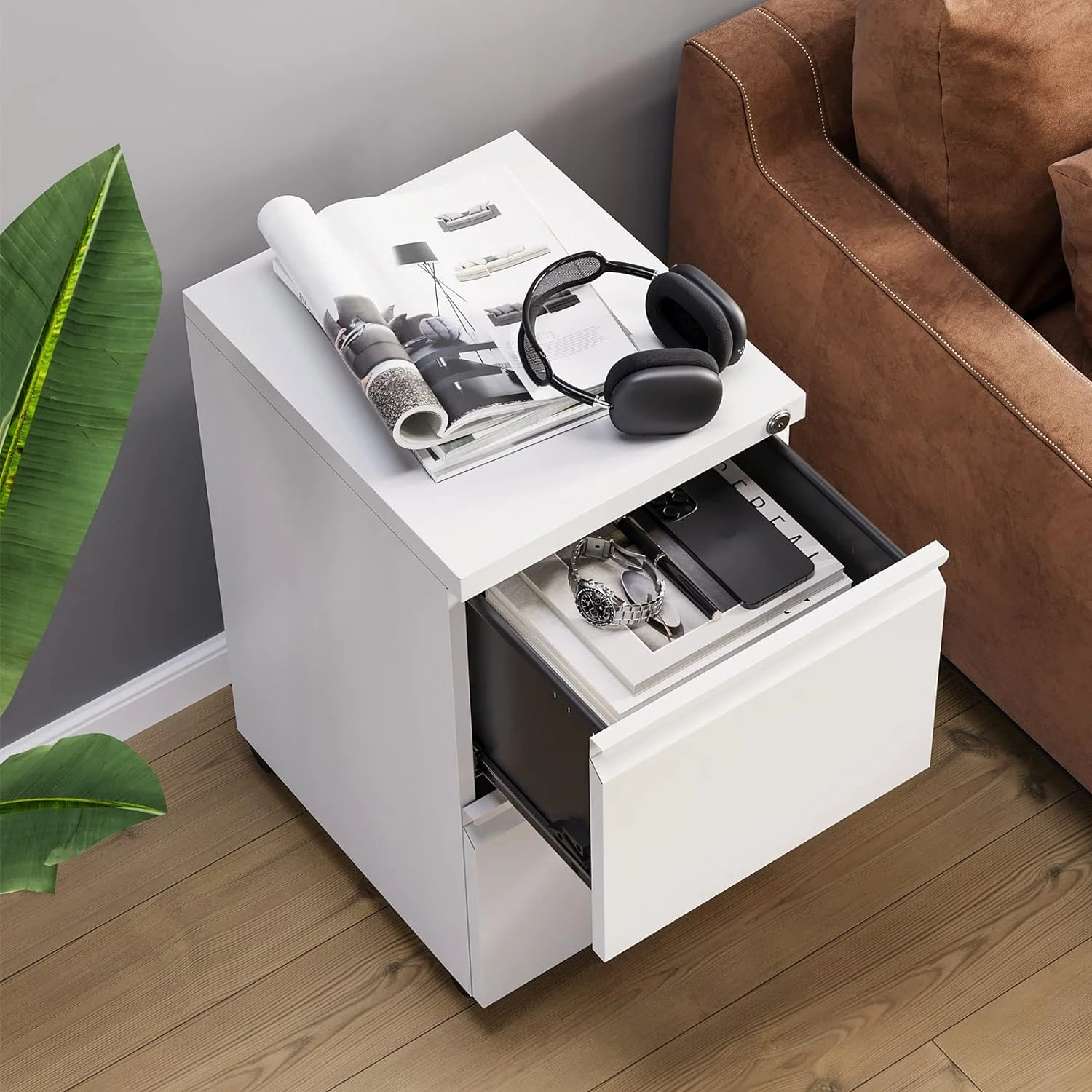 File Cabinet 3 Drawers on Wheels Under Desk, Black Metal Rolling File Cabinets with Lock for Home Office