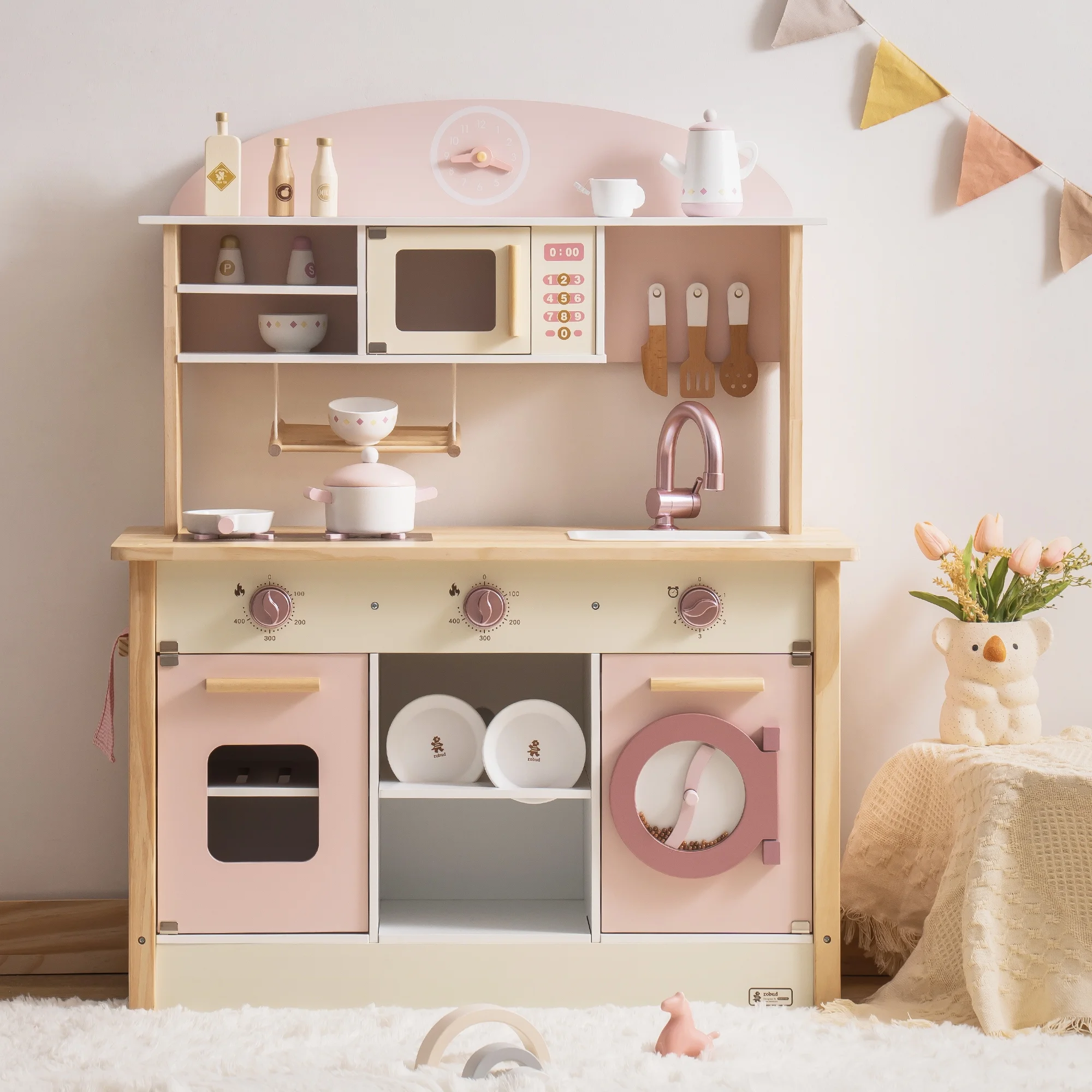 Robud Kids Wooden Kitchen Play Set Pretend Playset Toy with Play Cooker for Girls Boys Age 3+,Pink