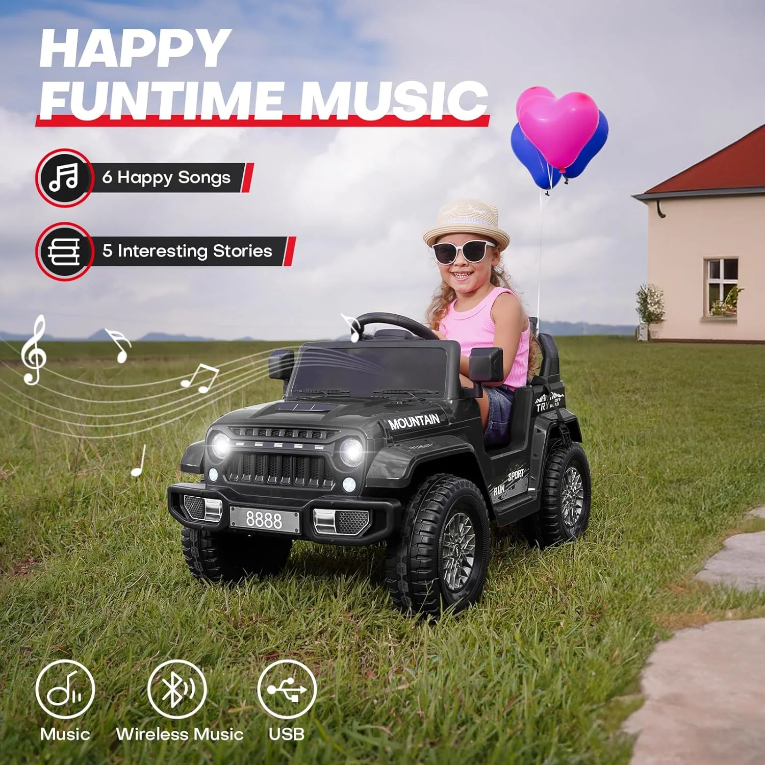 TEOAYEAH 2X35W Ride on Truck Car, 12V Electric Vehicle Toy w/Remote Control, Low Battery Voice Prompt, Wireless Music, Black