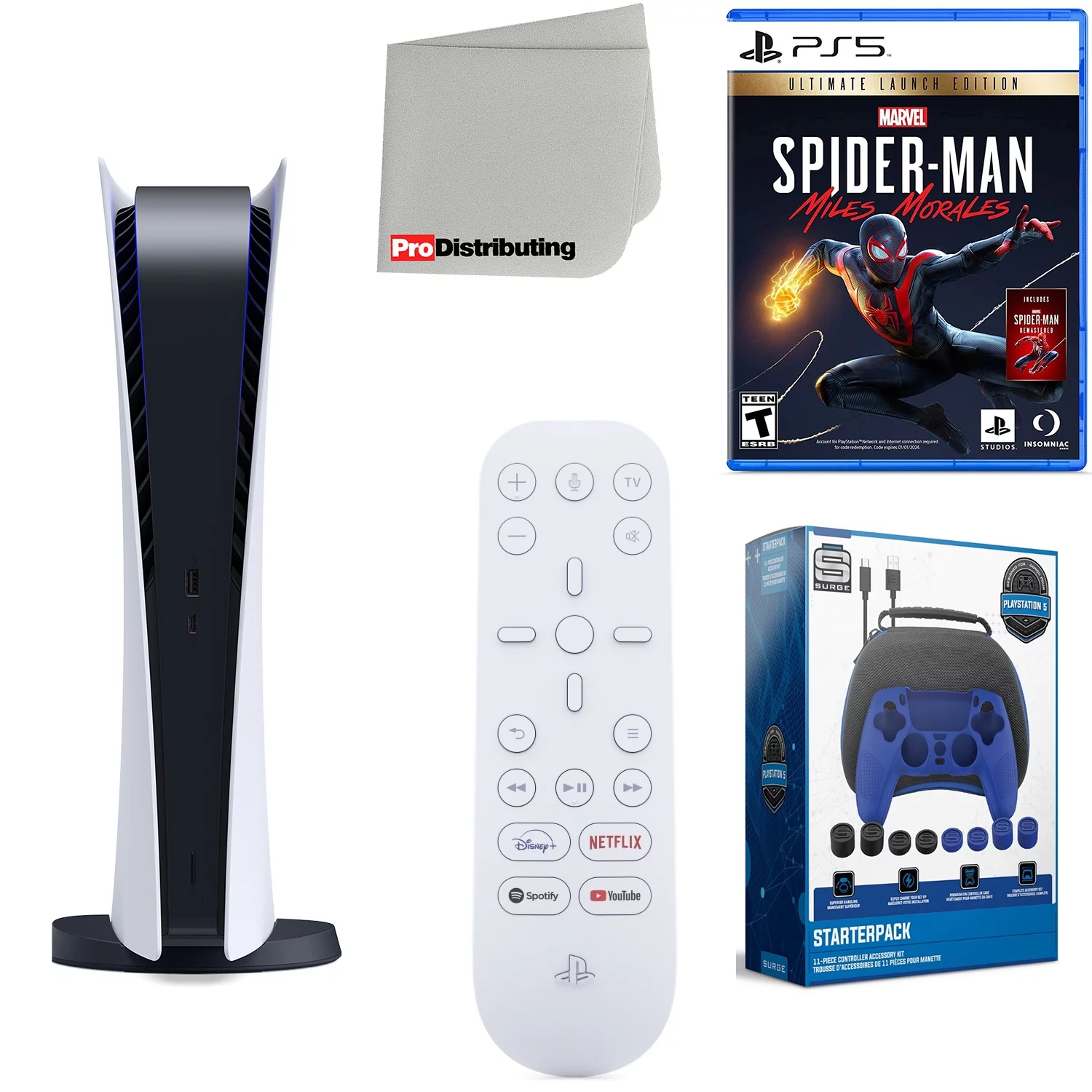 Sony Playstation 5 Digital Version (Sony PS5 Digital) with Media Remote, Marvel's Spider-Man: Miles Morales Ultimate Launch Edition, Accessory Starter Kit and Microfiber Cleaning Cloth Bundle