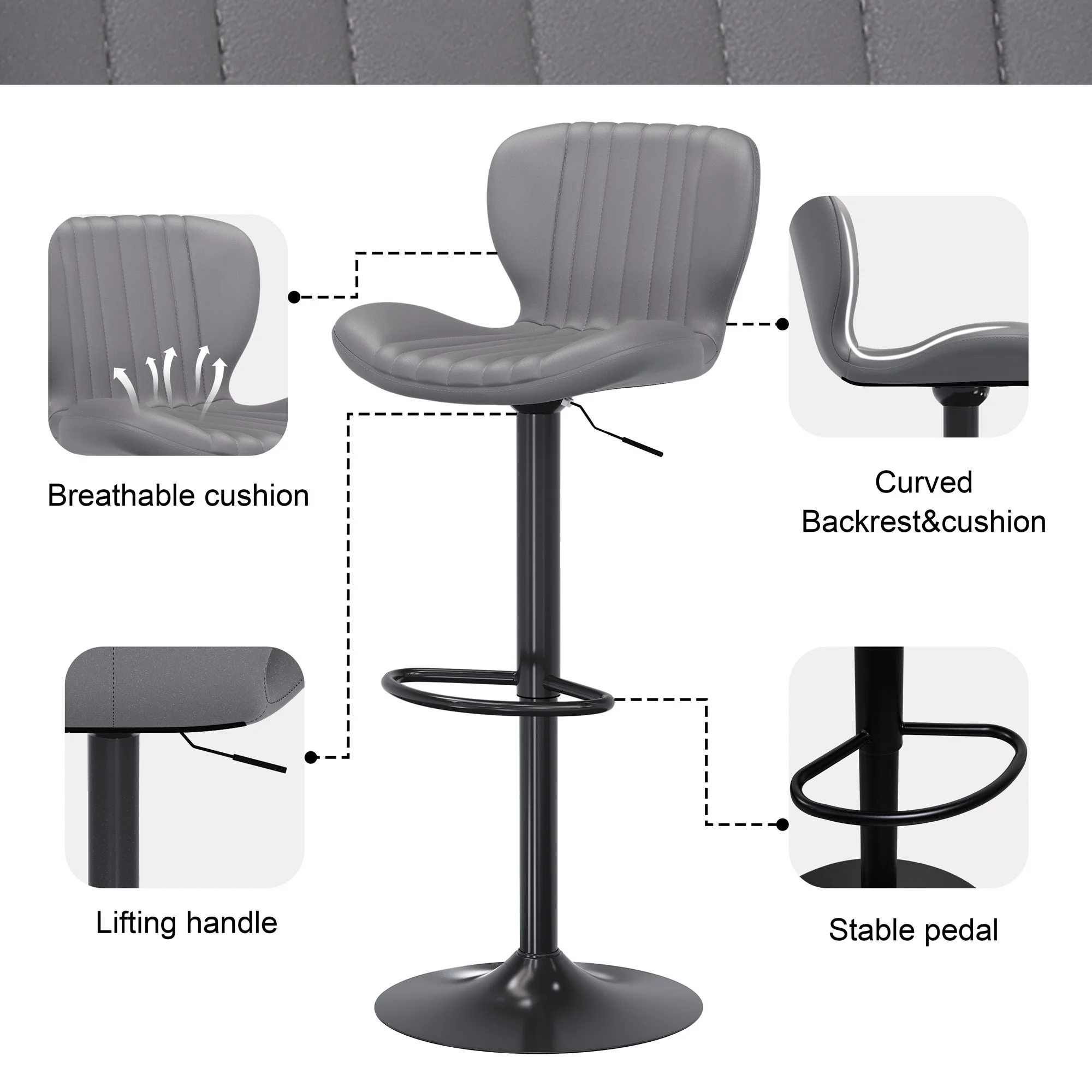 Walsunny Bar Stools Set of 4,Adjustable Leather Counter Height with High Backrest,Bar Chairs for Kitchen Island Dining，Room Bar,Grey