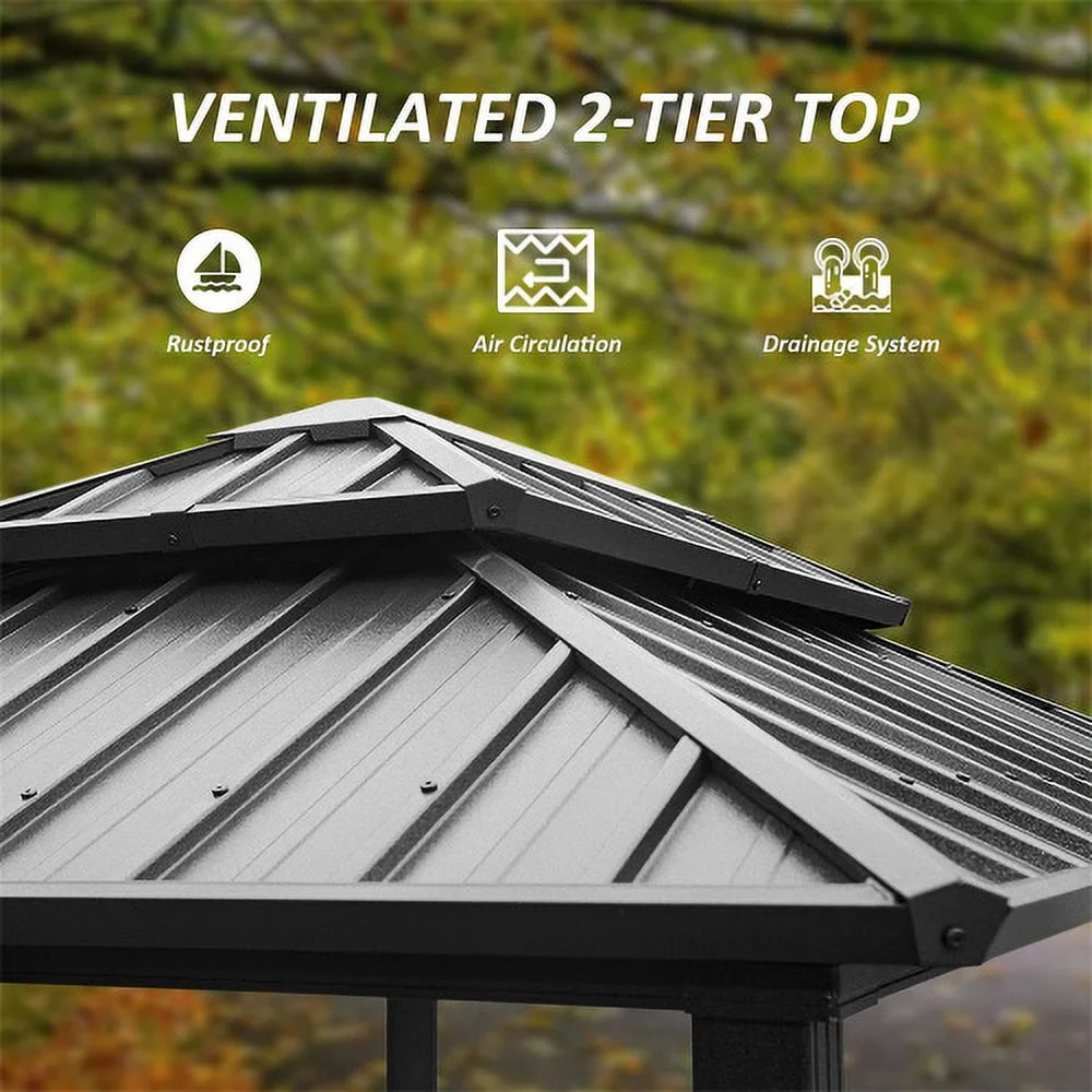 Grill Gazebo 8' × 6', Aluminum BBQ Gazebo Outdoor Metal Frame with Shelves Serving Tables, Permanent Double Roof Hard top Gazebos for Patio Lawn Deck Backyard and Garden (Grey)