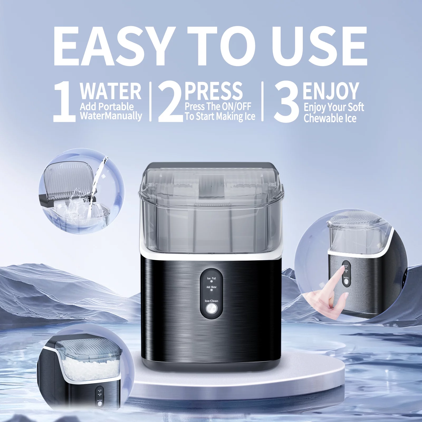 Auseo Nugget Ice Maker Countertop, Portable Ice Maker Machine with Self-Cleaning Function, 33lbs/24H, Easy Operation, Pellet Ice Maker for Home/Kitchen/Office/Party-Black