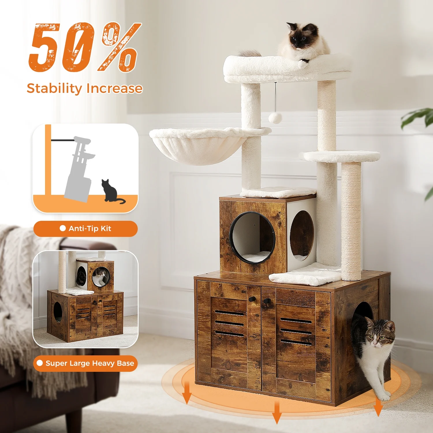 ZephyPaws Cat Tree with Litter Box Enclosure, 50