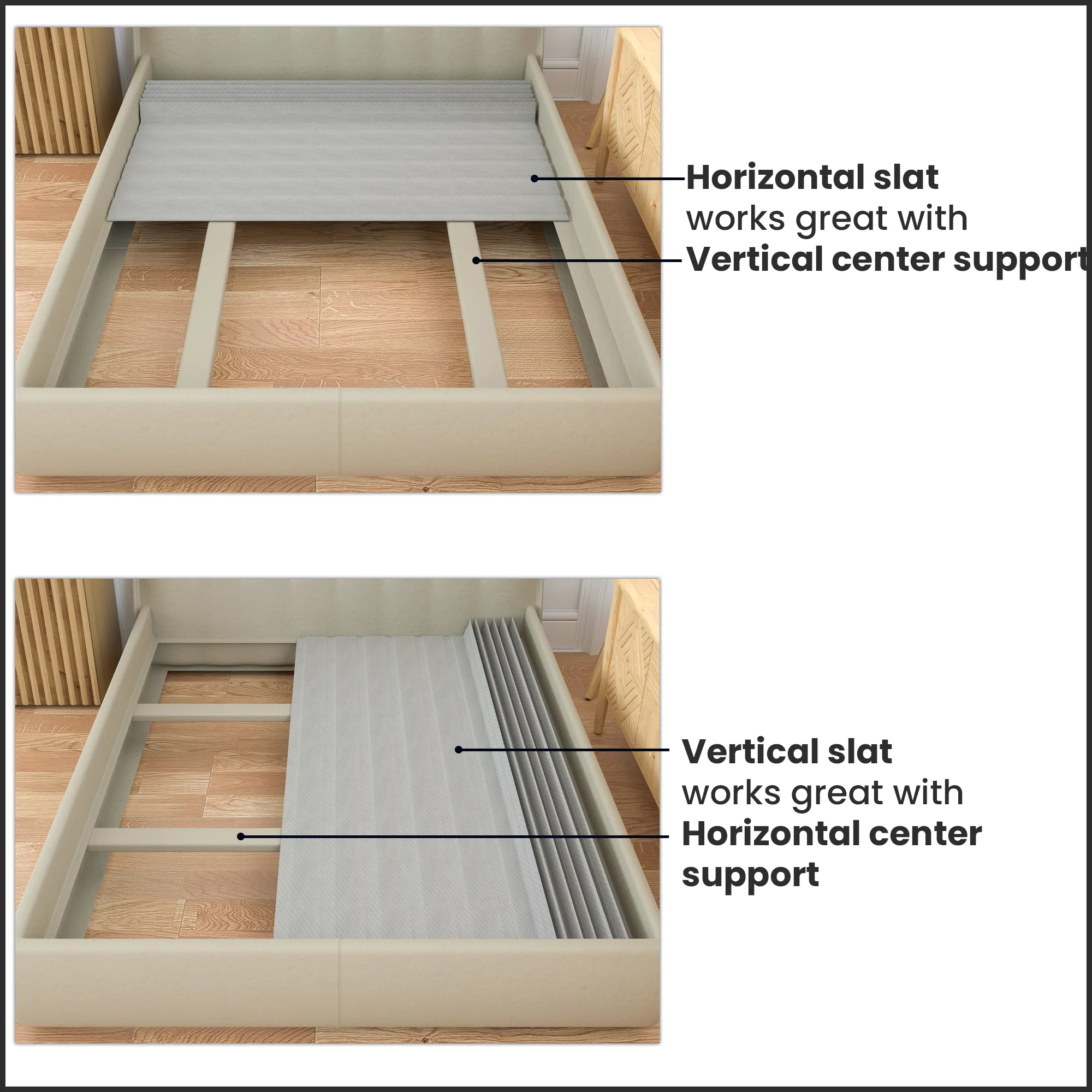 Continental Sleep, 0.75” horizontal Heavy Duty Mattress Support Wood Slats with Cover, Full, Gray