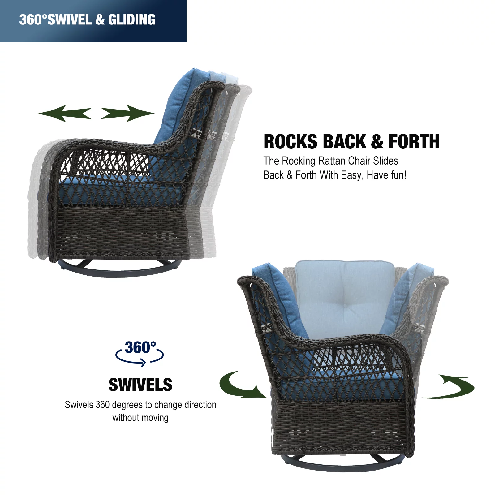 EURO SAKURA 3 PCS Outdoor Wicker Swivel Rocker Patio Set,360 Degree Swivel Rocking Rattan Chairs Patio Wicker Bistro Sets