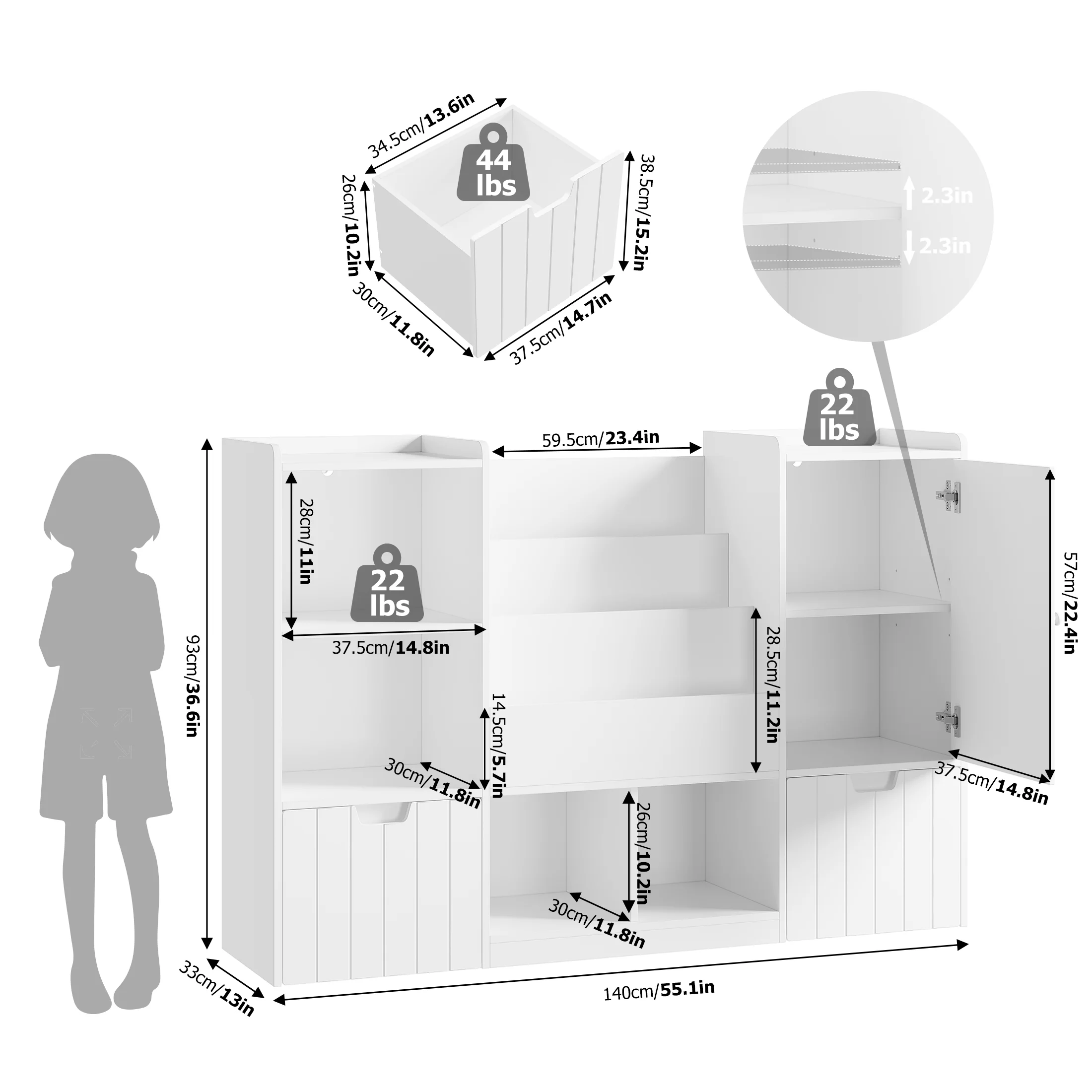 Homfa Kids Bookshelf with Blackboard, Nursery Bookcase with 4 Cubby, 3 Tier Book Rack with 2 Wood Toy Bin for Kids Room, White
