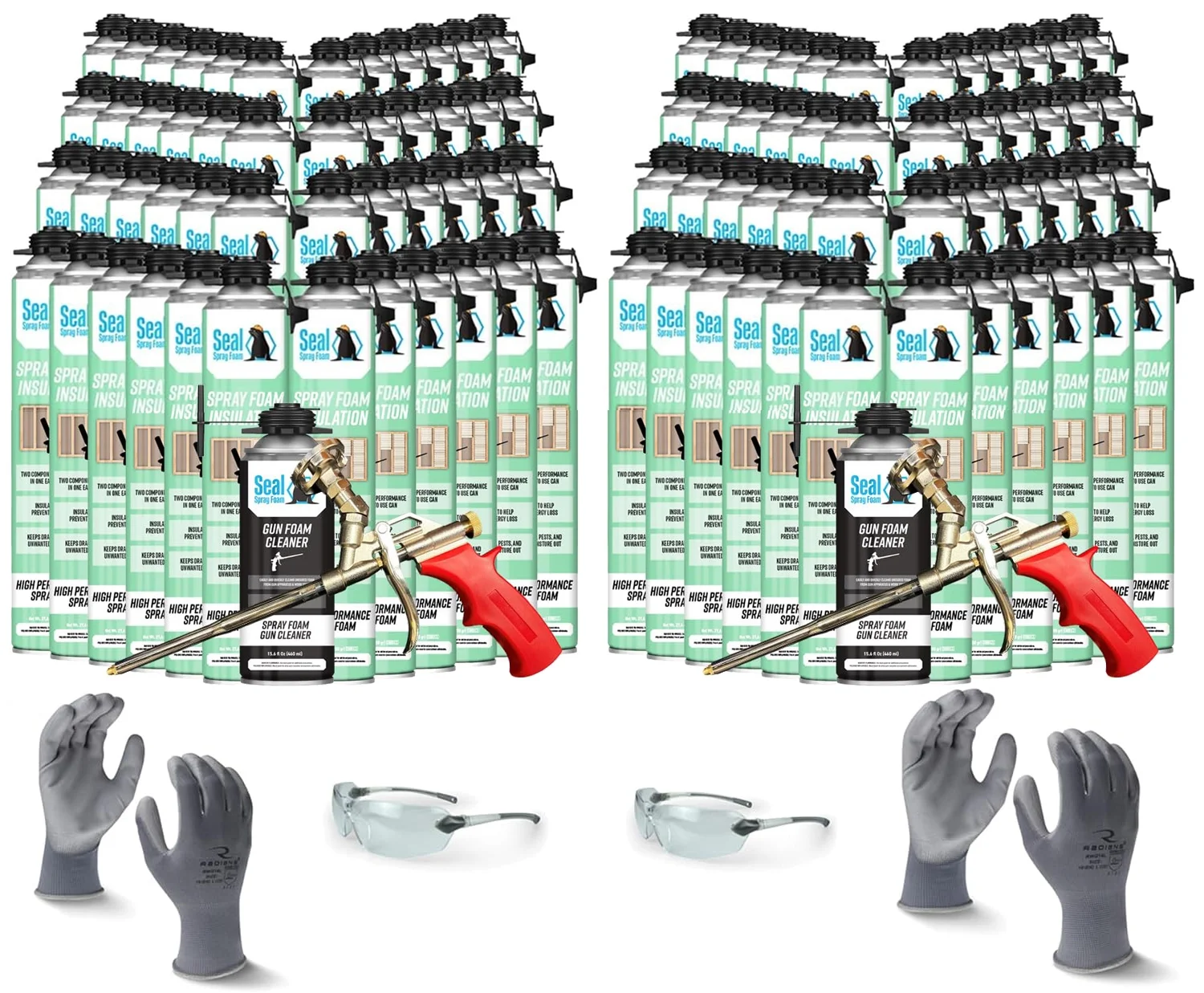 Seal Spray Foam CCI Foam Can Kit w/ 2400 Board FT-96 Cans, 2 Angled Gun Foam Applicators, 2 Cans of Cleaner, 1 pair L gloves, 1 pair XL gloves, 2 pair Safety Glasses