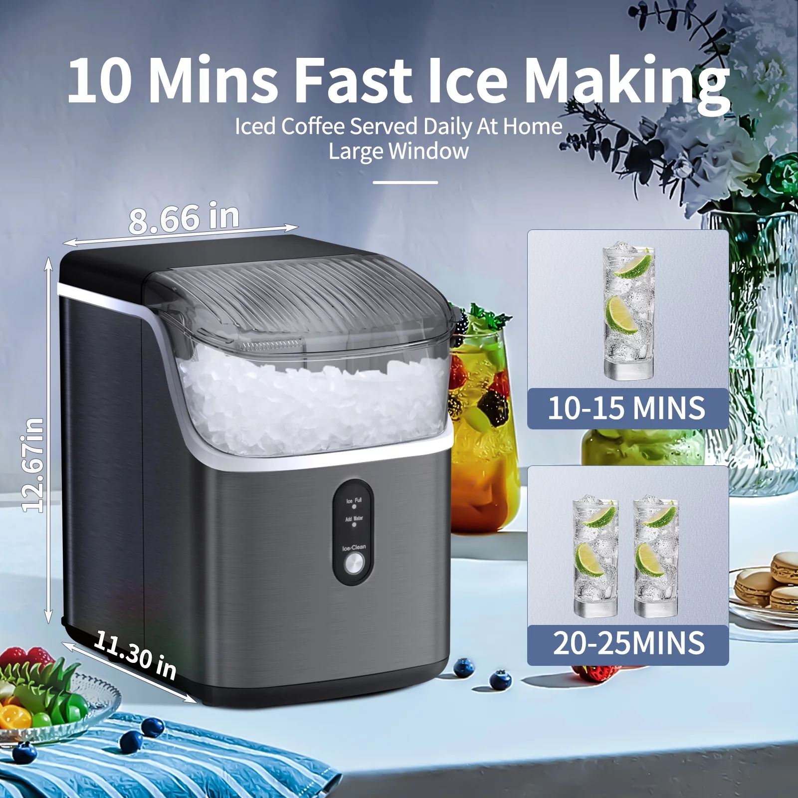Auseo Nugget Ice Maker Countertop, Portable Ice Maker Machine with Self-Cleaning Function, 33lbs/24H, Easy Operation, Pellet Ice Maker for Home/Kitchen/Office/Party-Black