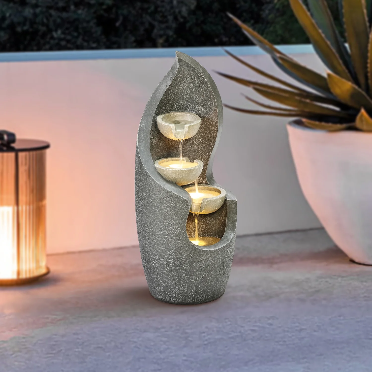 HomeStock Classic Comfort Gray Curves Cascading Bowls Resin Outdoor Fountain With Led Lights