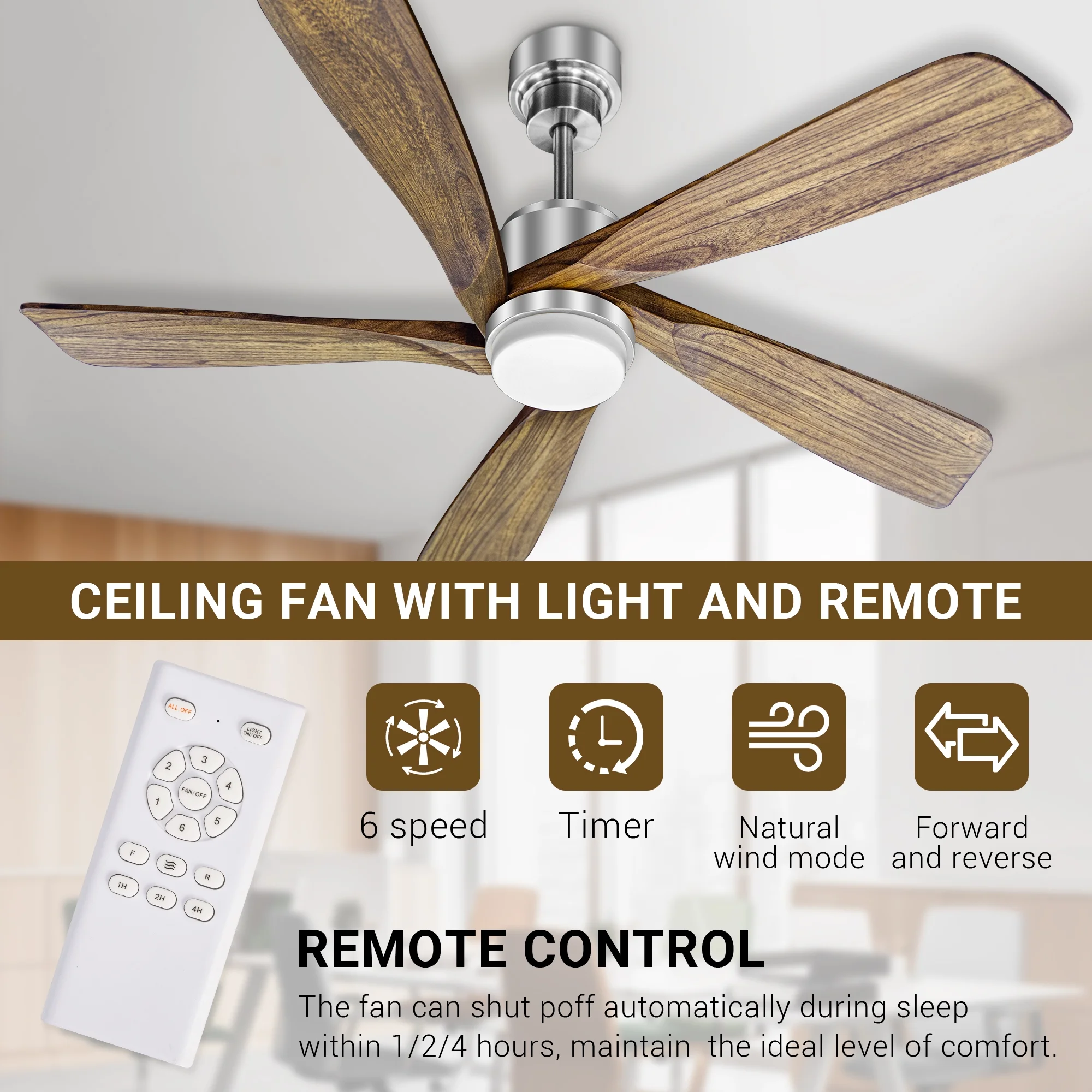 52 Inch Ceiling Fan with Remote Control, Outdoor/Indoor Wood Ceiling Fans with 6 Speeds Reversible DC Motor, Silver with 5 Blades