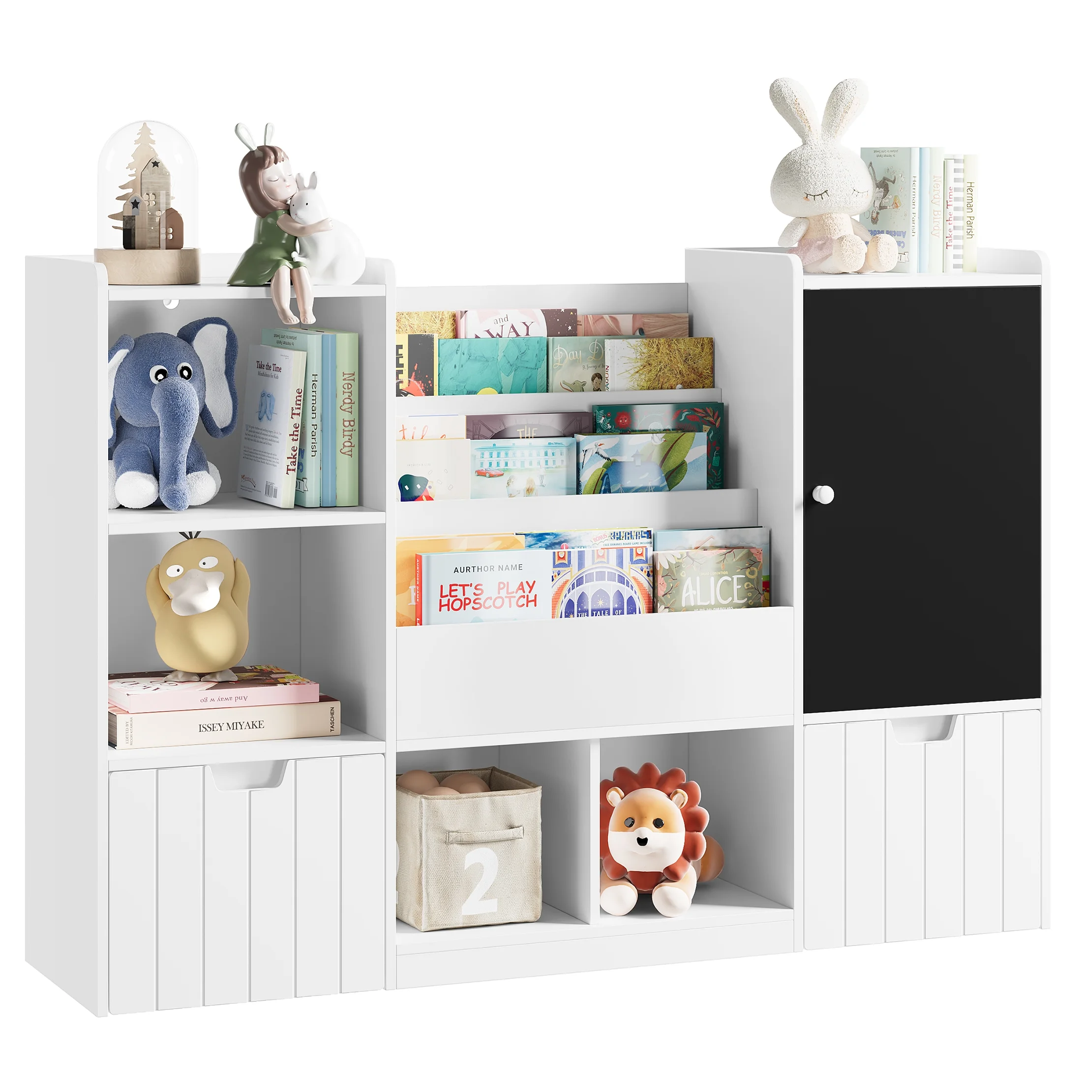Homfa Kids Bookshelf with Blackboard, Nursery Bookcase with 4 Cubby, 3 Tier Book Rack with 2 Wood Toy Bin for Kids Room, White