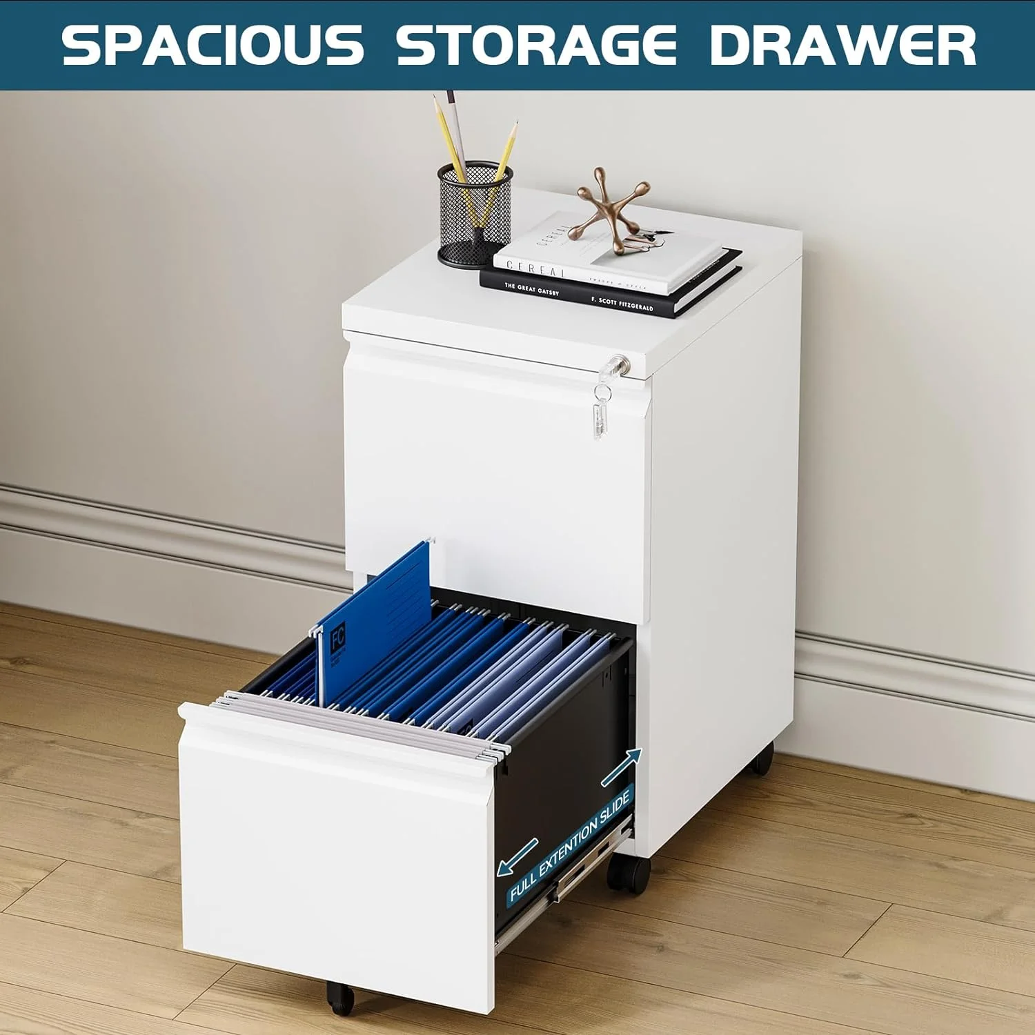 File Cabinet 3 Drawers on Wheels Under Desk, Black Metal Rolling File Cabinets with Lock for Home Office