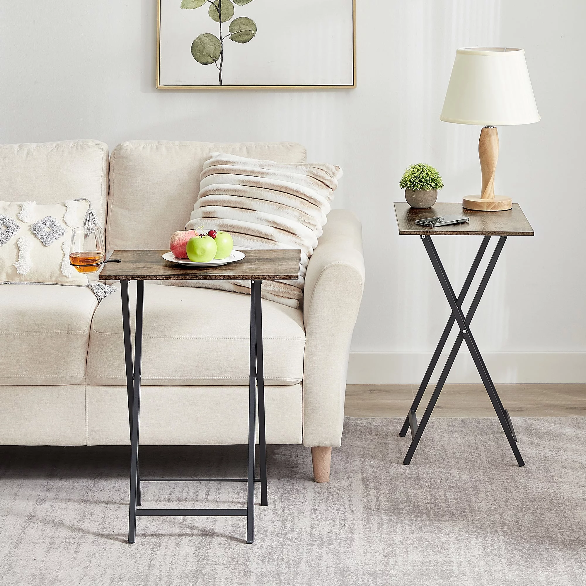 VECELO Folding TV Tray, Portable Dinner/Snack Table with Cup Holder, Set of 2, Gray