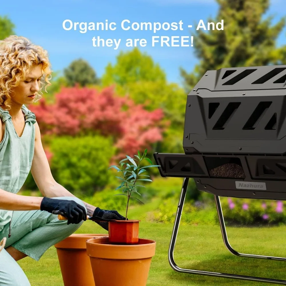 Compost Tumbler Bin Composter Dual Chamber 43 Gallon (Bundled with Pearson's Gardening Gloves) Black