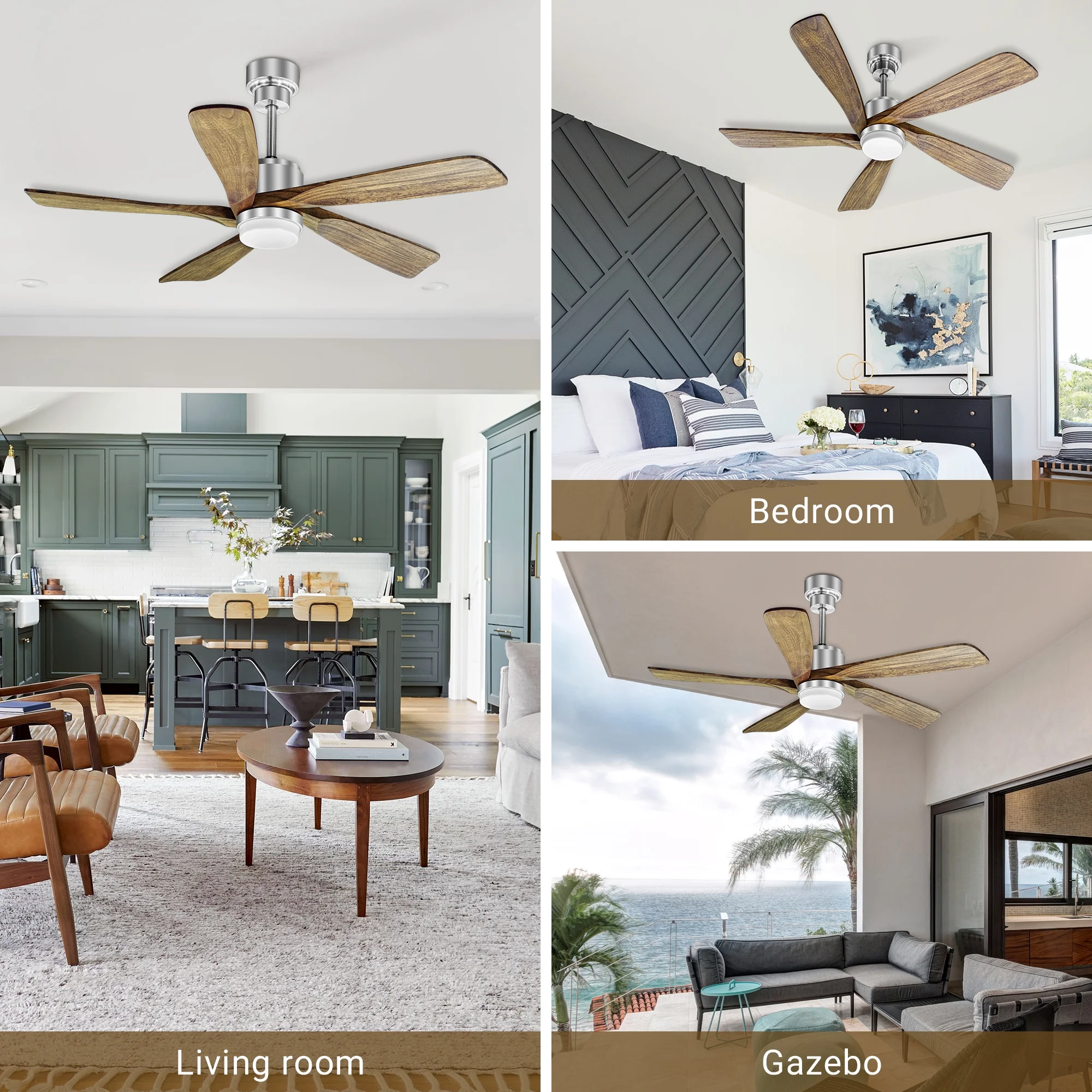52 Inch Ceiling Fan with Remote Control, Outdoor/Indoor Wood Ceiling Fans with 6 Speeds Reversible DC Motor, Silver with 5 Blades