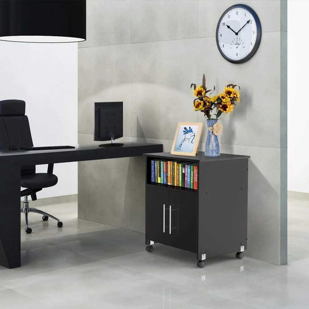Mobile Printer Stand with Storage and Adjustable Shelf for Home Office, Rolling Wood Storage Cabinet on Wheels, Black