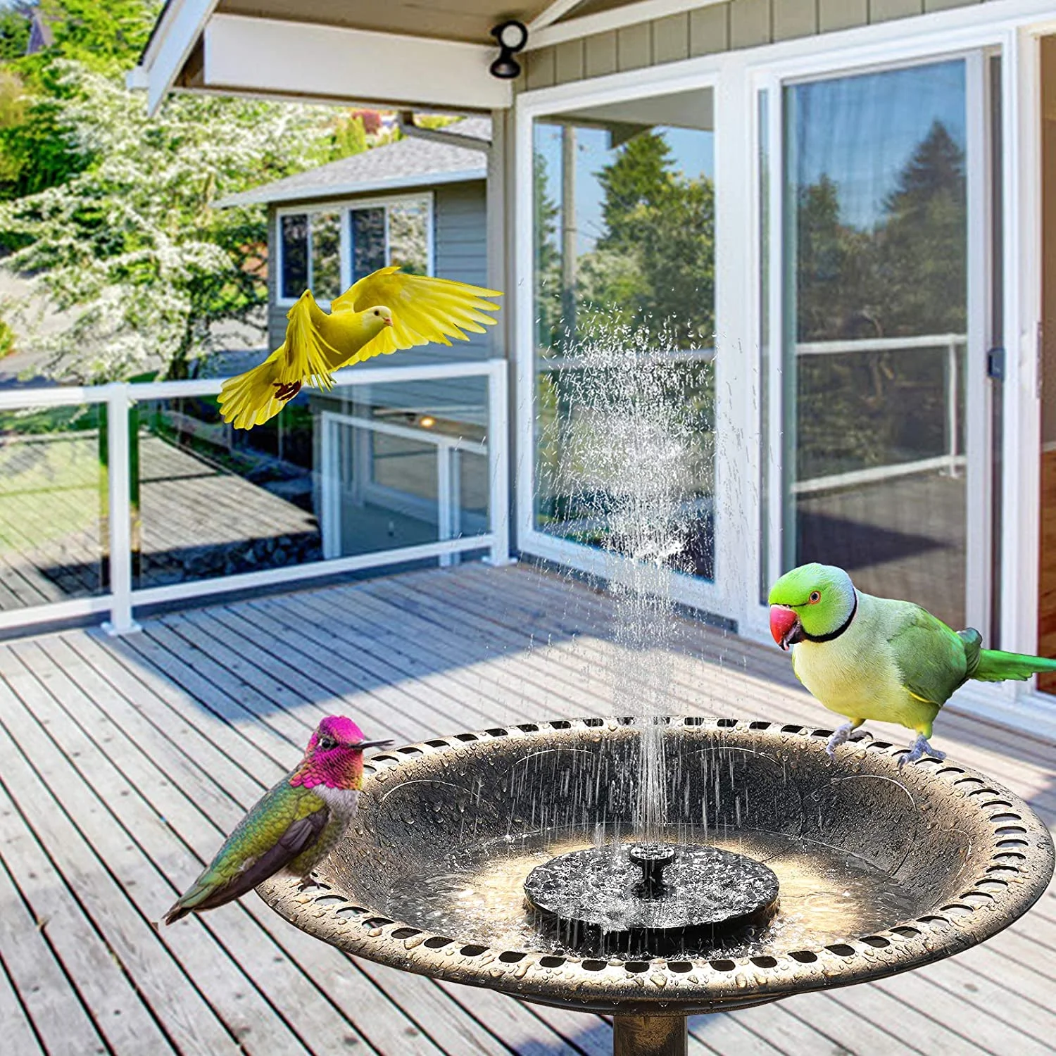 28 Inch Bird Bath with Solar Fountain Antique Copper Weather Resistant Resin Pedestal Birdbaths Floral Accents and Vintage Finish Garden Decor for Outdoor Lightweight Courtyard