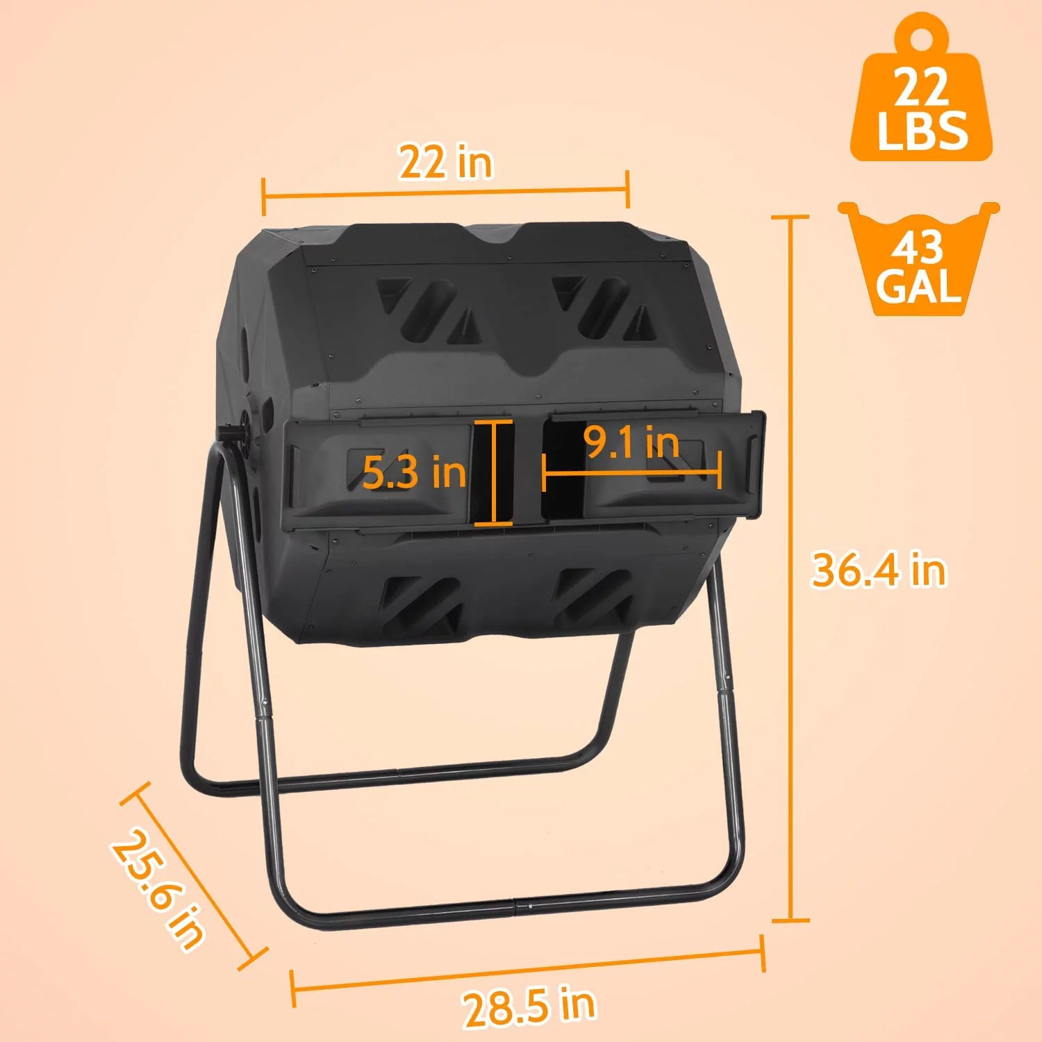 NiamVelo 43 Gallon Durable Tumbling Compost Bin Outdoor Compost Tumbler Bucket with Dual Rotating Chamber, Black Door