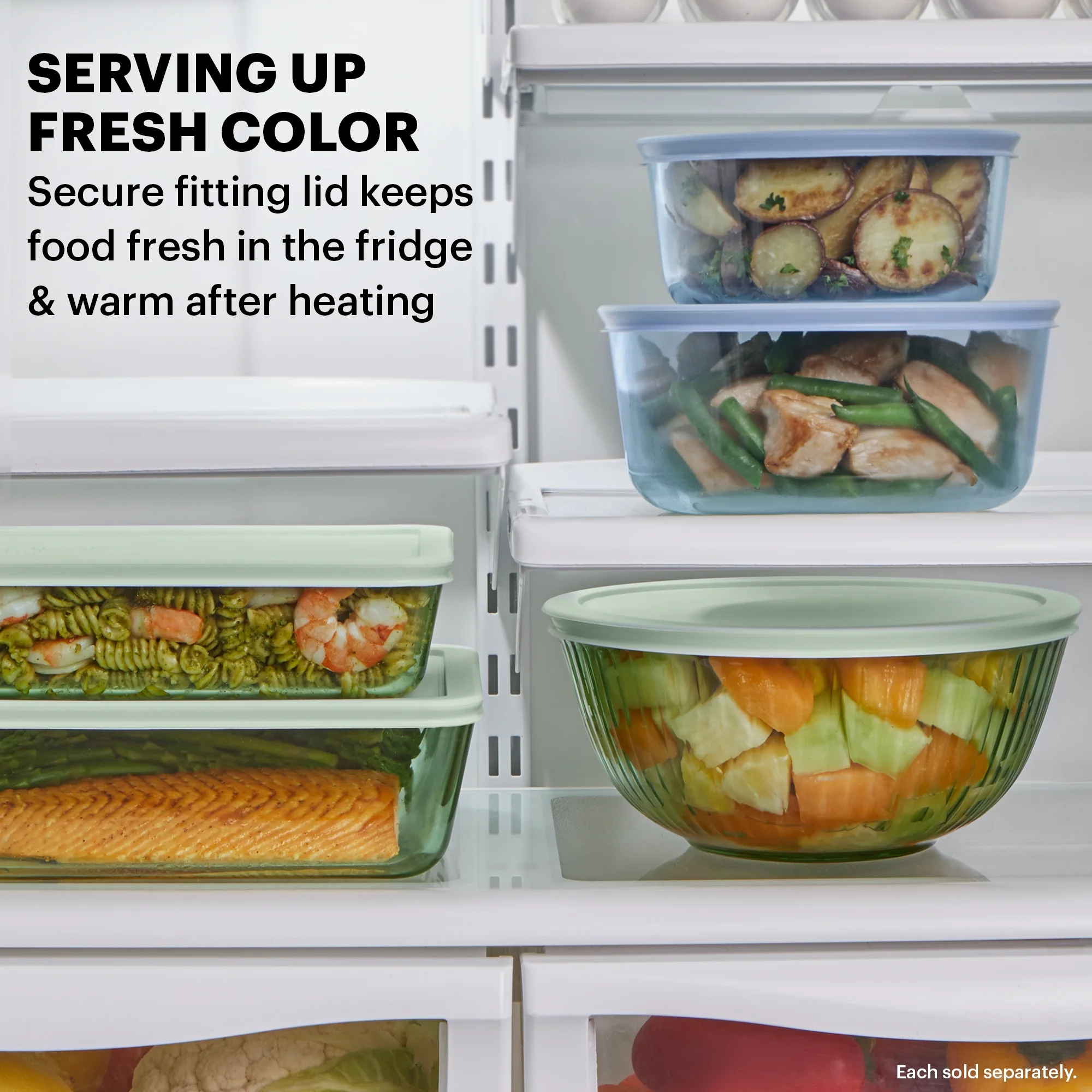 Pyrex Sculpted Tinted 4-Piece Glass Mixing Bowl Set with Airtight Plastic Lids, 1.3qt Amber/2.3qt Green