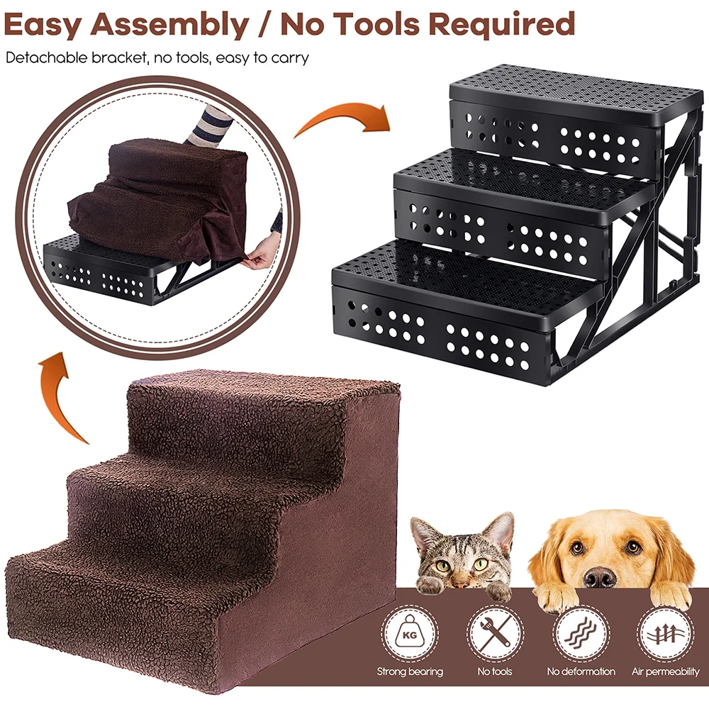 TOPMART 3 Step Pet Stair for Dogs,Non-Slip Plastic Dog Stair for High Beds,11.8''High,Brown