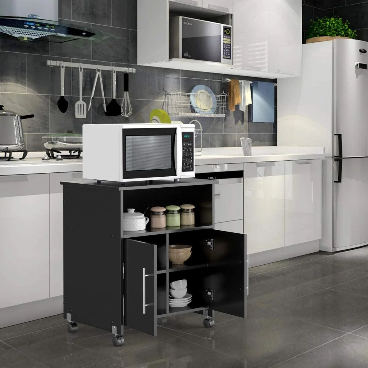 Mobile Printer Stand with Storage and Adjustable Shelf for Home Office, Rolling Wood Storage Cabinet on Wheels, Black