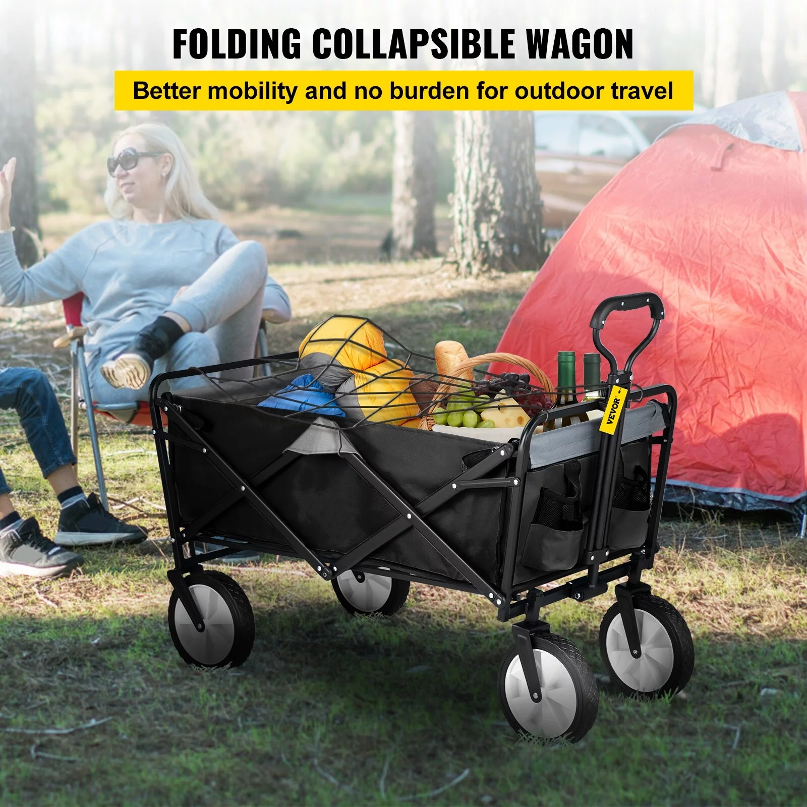 VEVOR Wagon Cart Folding Wagon Cart with 176lbs Load Outdoor Utility Wagon w/Adjustable Handle Red