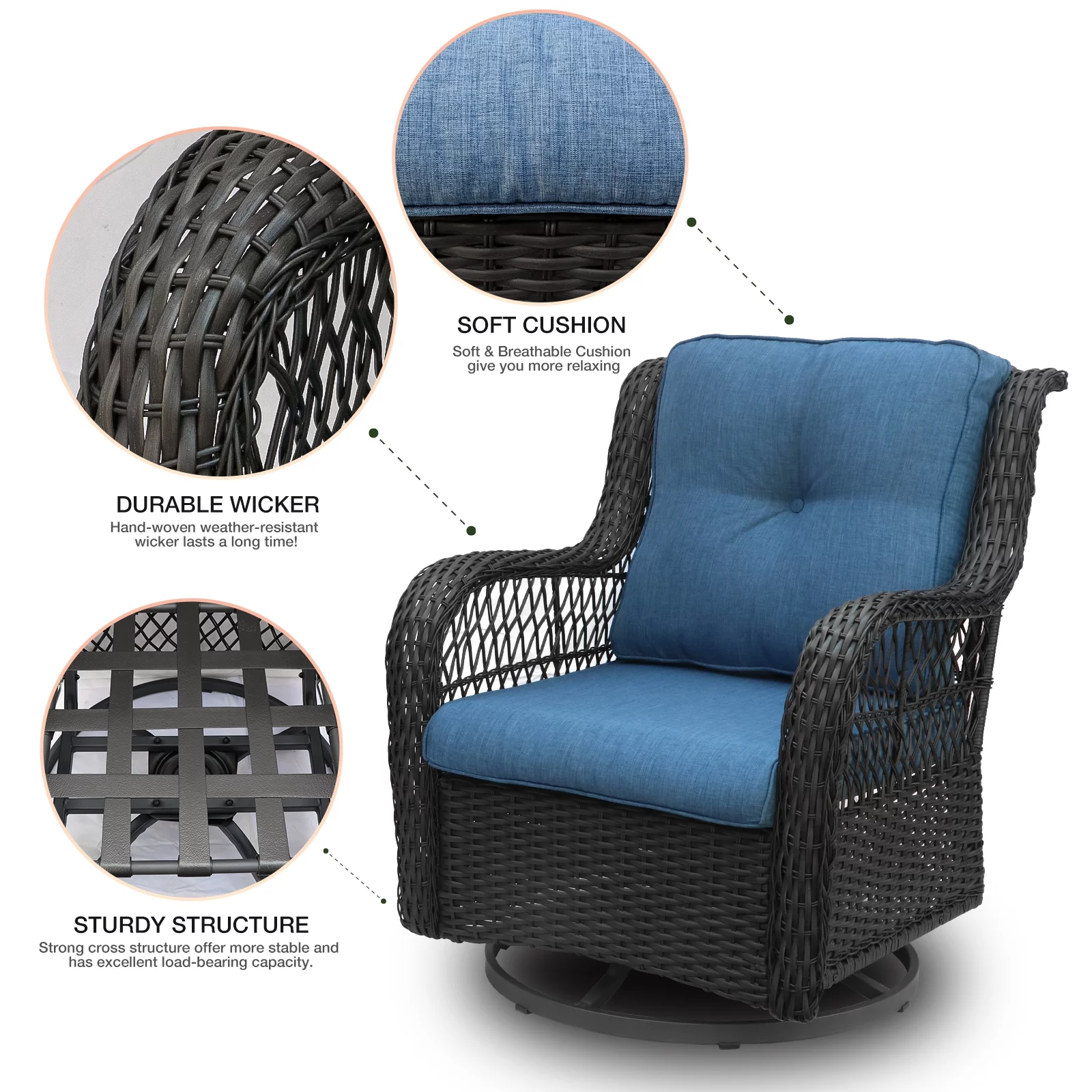 EURO SAKURA 3 PCS Outdoor Wicker Swivel Rocker Patio Set,360 Degree Swivel Rocking Rattan Chairs Patio Wicker Bistro Sets