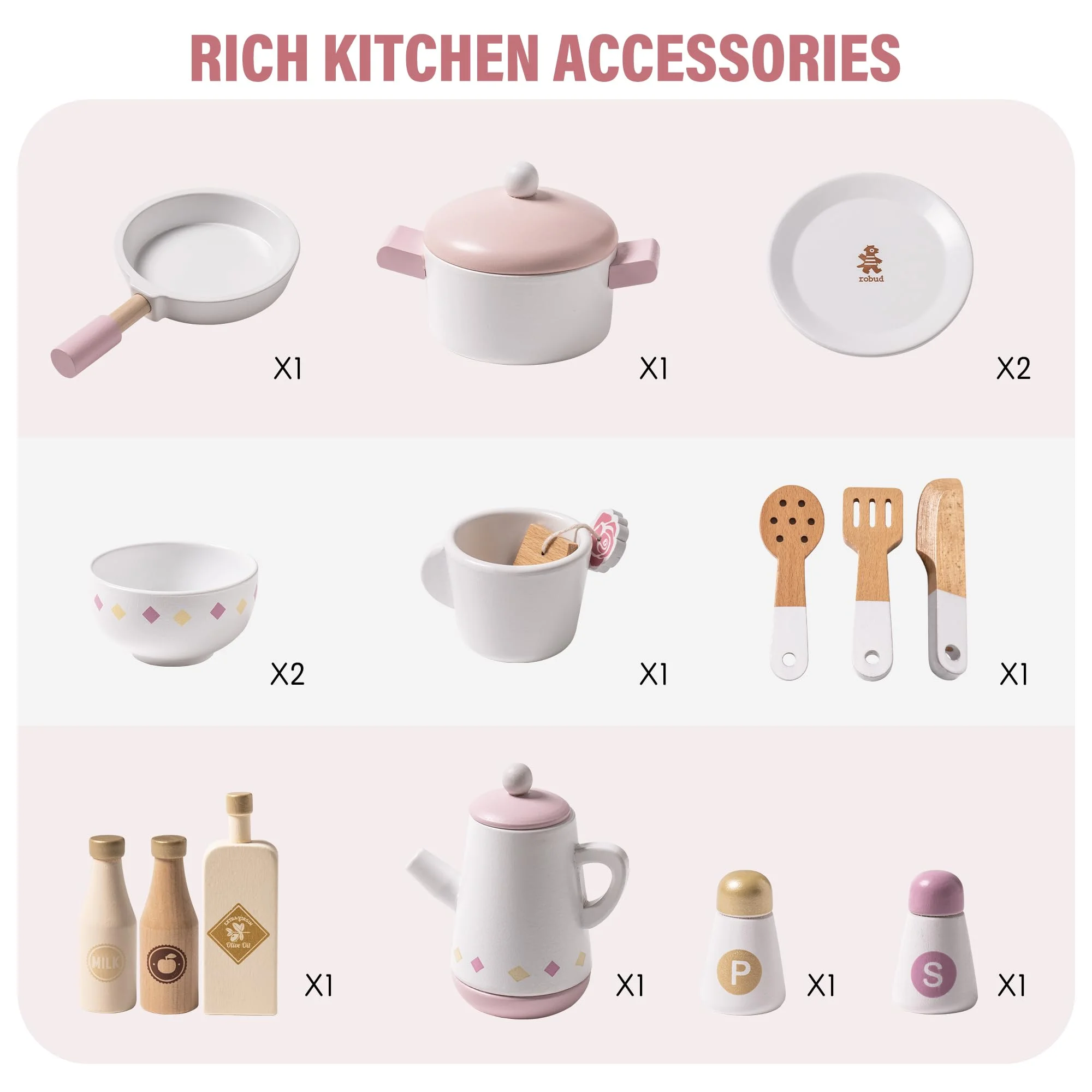 Robud Kids Wooden Kitchen Play Set Pretend Playset Toy with Play Cooker for Girls Boys Age 3+,Pink