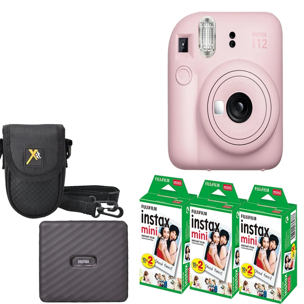 FUJIFILM INSTAX MINI 12 Instant Film Camera (Blossom Pink) + Camera Case + Mini Film Printer Kit (3 Pack)