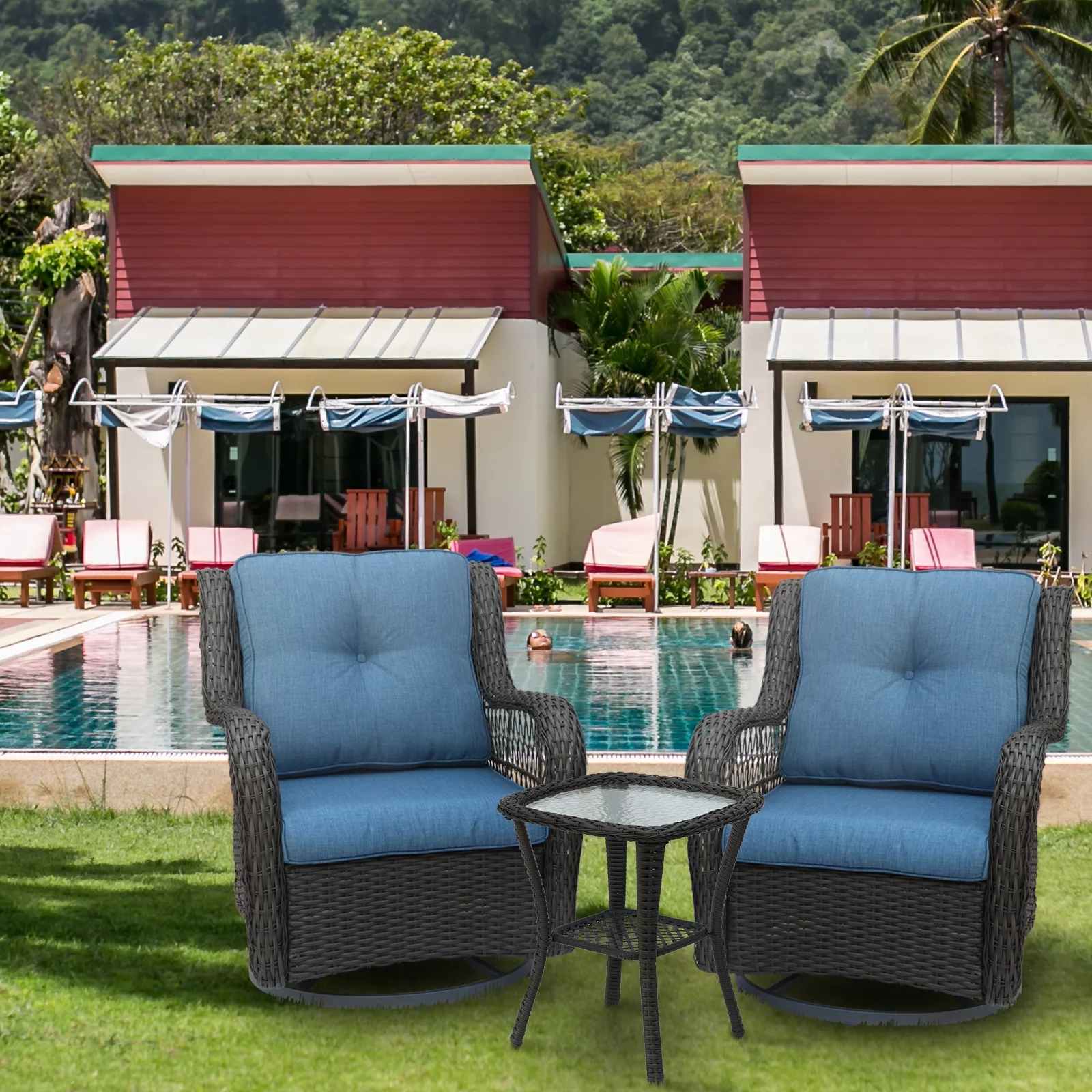 EURO SAKURA 3 PCS Outdoor Wicker Swivel Rocker Patio Set,360 Degree Swivel Rocking Rattan Chairs Patio Wicker Bistro Sets