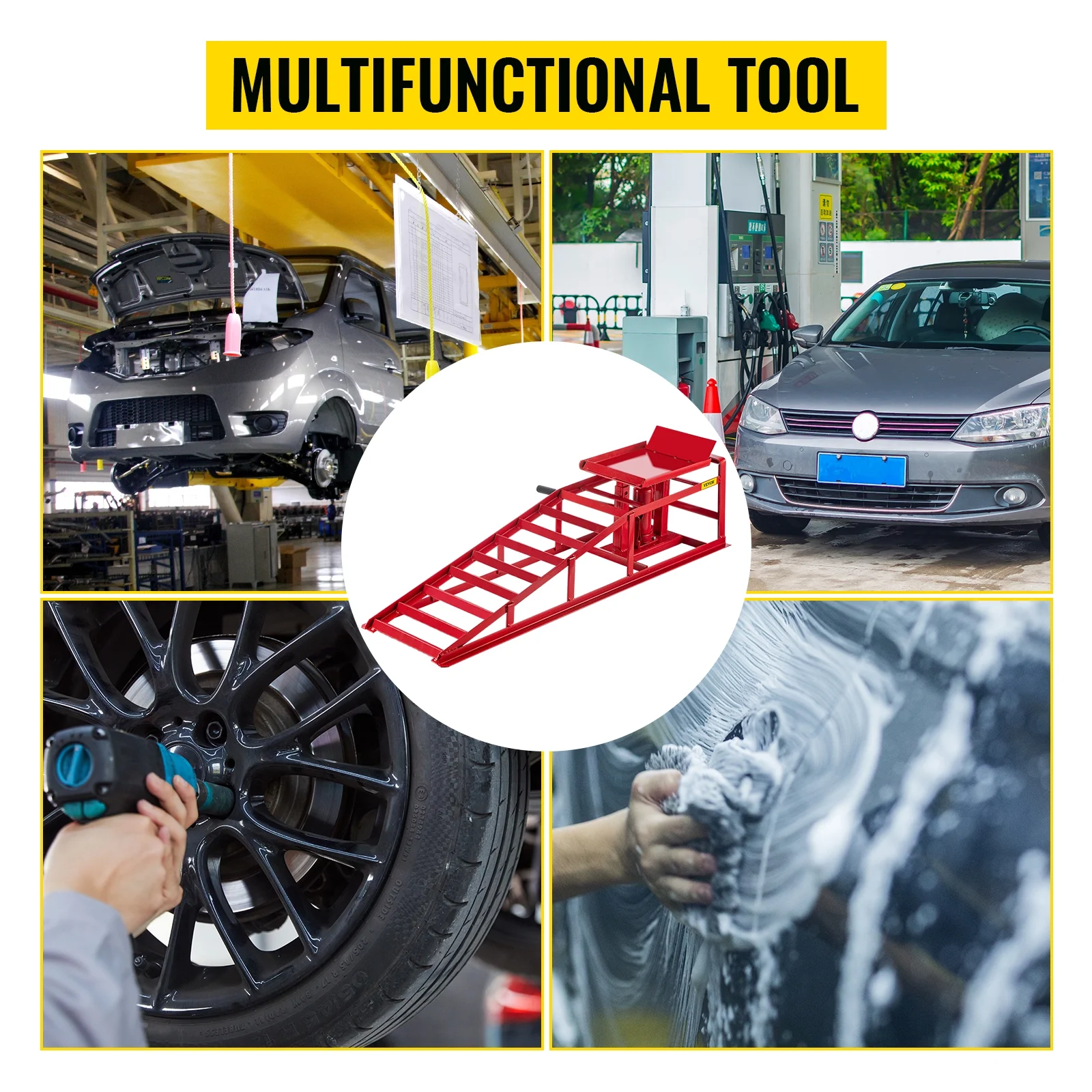 VEVORbrand Hydraulic Vertical Car Ramps 5500lbs2.5T , Auto, Truck Service Ramp Hydraulic Lift Heavy Duty Steel Low Profile w/ Hydraulic Jack, Red 1 Piece