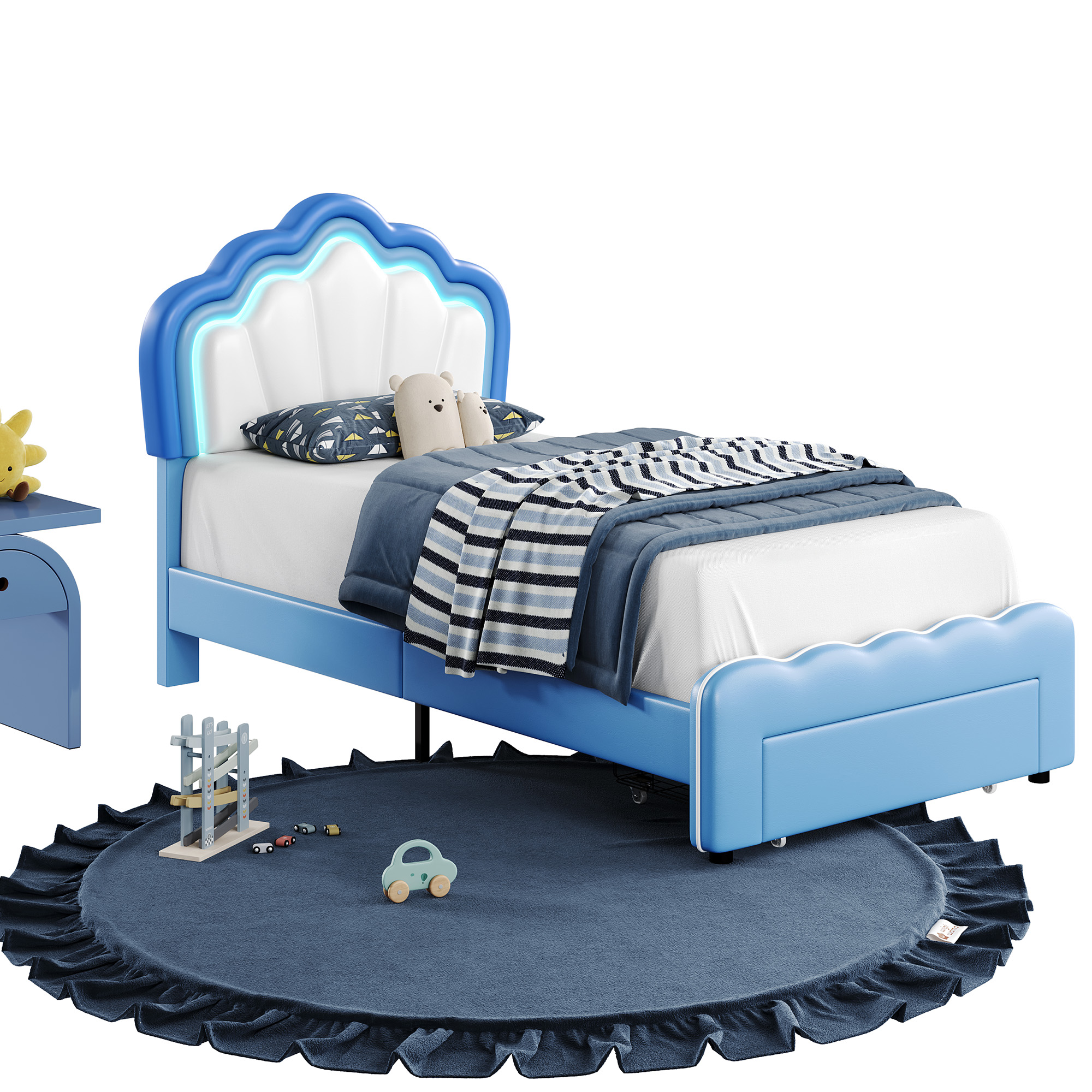 Homfa Twin Size LED Bed Frame with Drawer, PU Leather Upholstered Platform Bed with Adjustable Petal Headboard for Kid, Blue