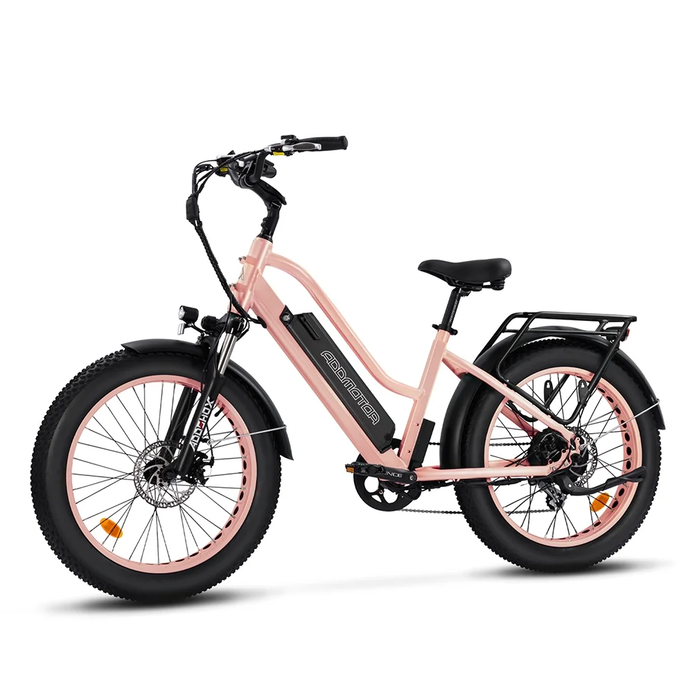 Addmotor 24 In. Electric Bicycle, 750W Step-Thru Fat Tire Electric Bike, Pedal Assist Cruiser City Ebike for Adults, Shimano 7 Speed, 28MPH, M-430 Rose Gold