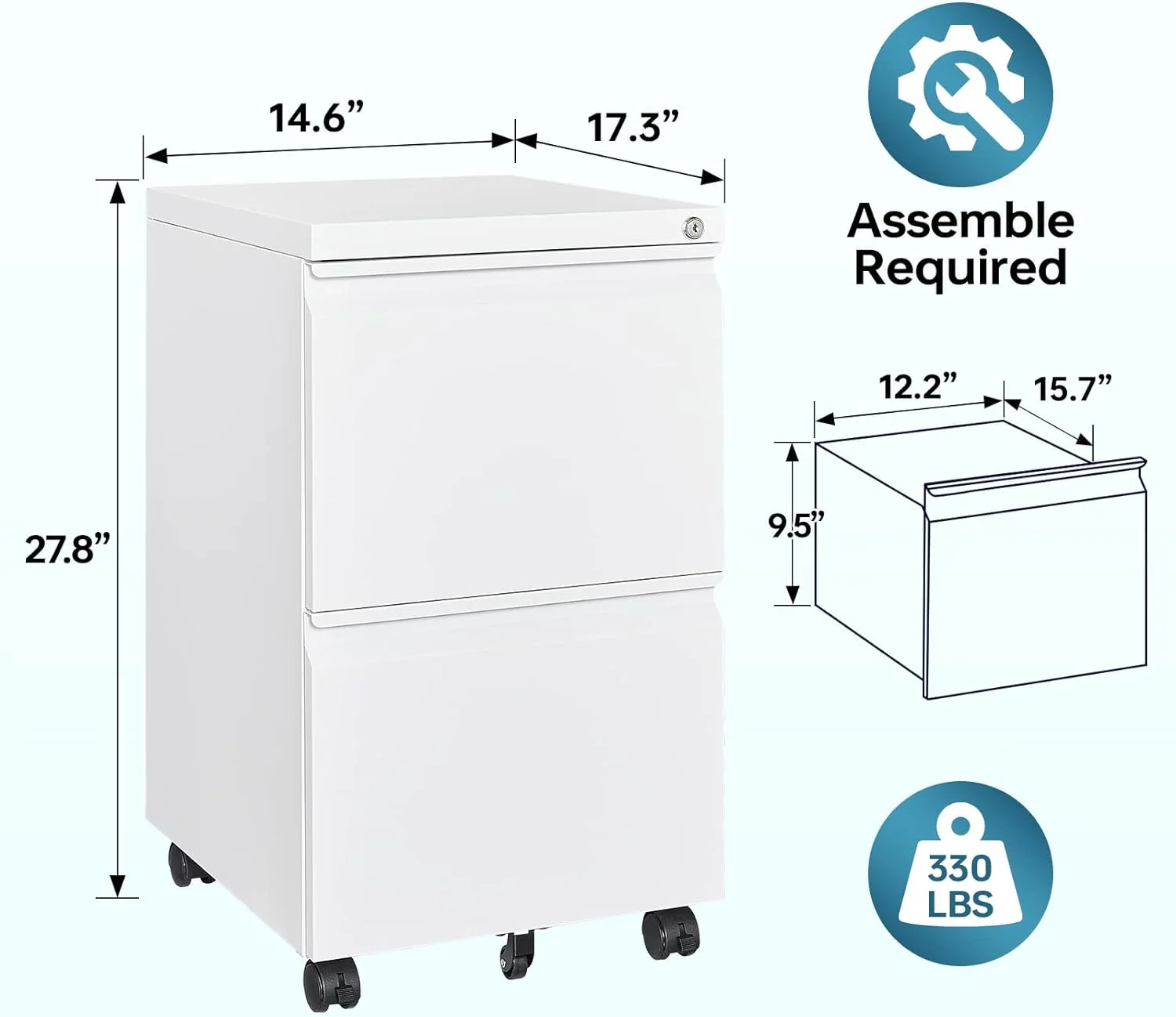 File Cabinet 3 Drawers on Wheels Under Desk, Black Metal Rolling File Cabinets with Lock for Home Office